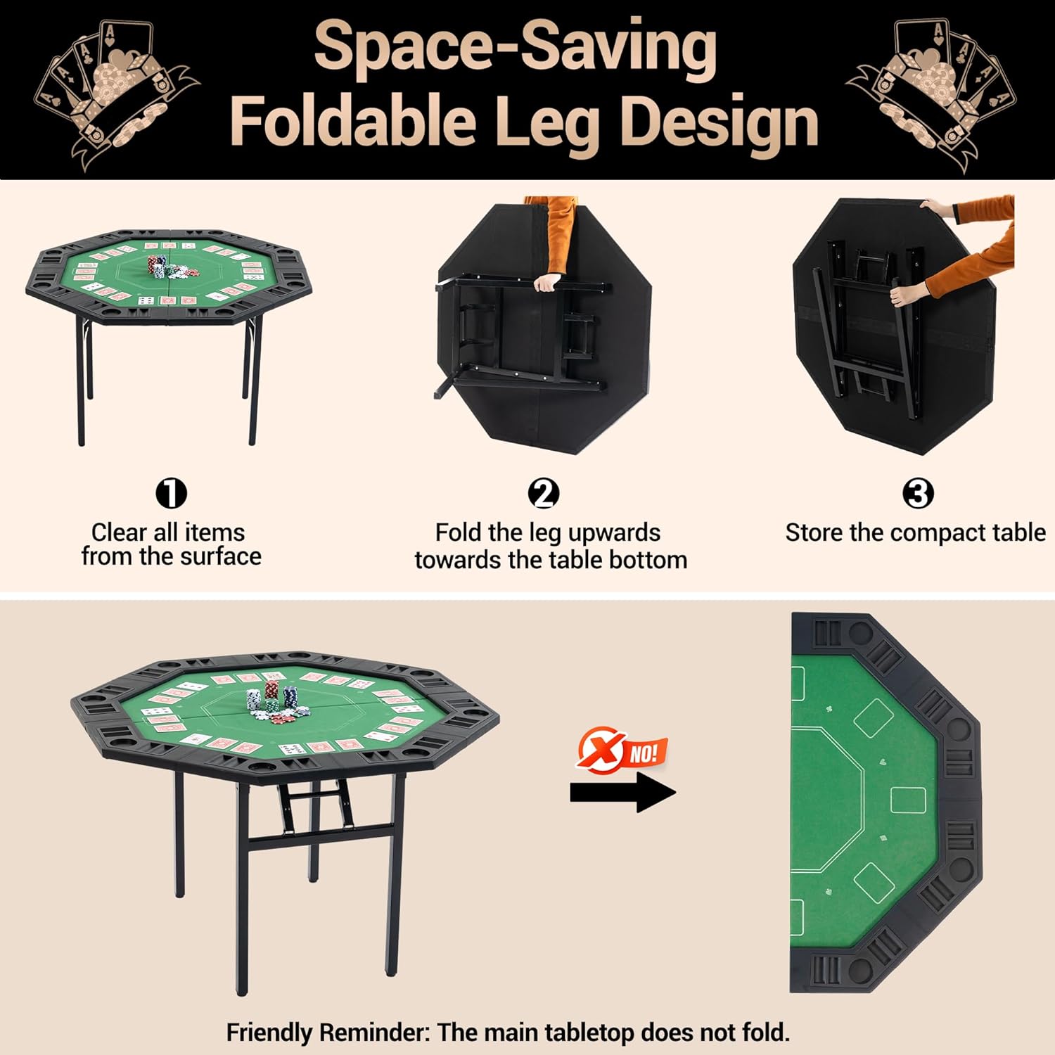 Poker Table Foldable, 8-Player Octagon Poker Game Table with Chip Trays & Collapsible Legs, Portable Folding Casino Table for Texas Holdem, Home Game Nights, Green