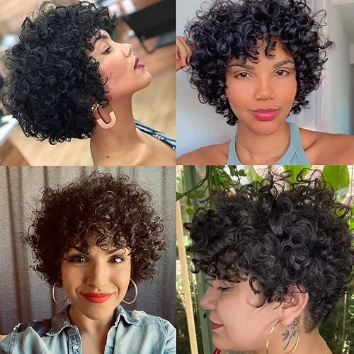 Miniatura 7 de Pelucas de cabello humano corto y rizado para mujeres negras, sin pegamento, afro, natural, peluca rizada brasileña, virgen, 427, color pixie,
