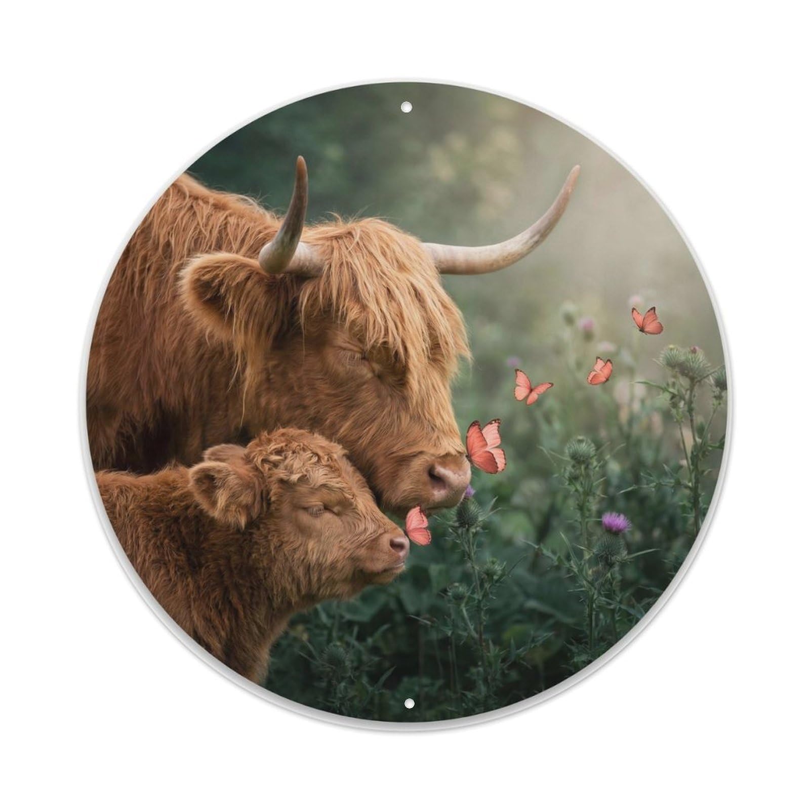 Highland Cow Mother Calf Coral Butterfly Rustic Farm Animal Metal Tin Sign Plaque Wall Decor for Cafe, Man Cave, Club Bar, Office, Home Garden Round Metal Poster 8x8Inch