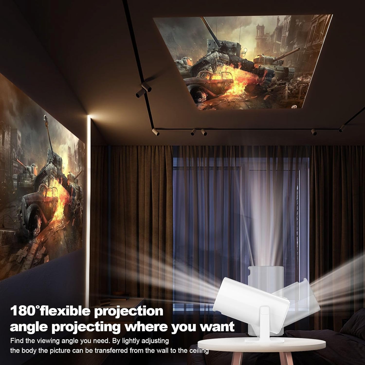 SOTEFE HY320 Pro Projector demonstrating 180-degree flexible projection
