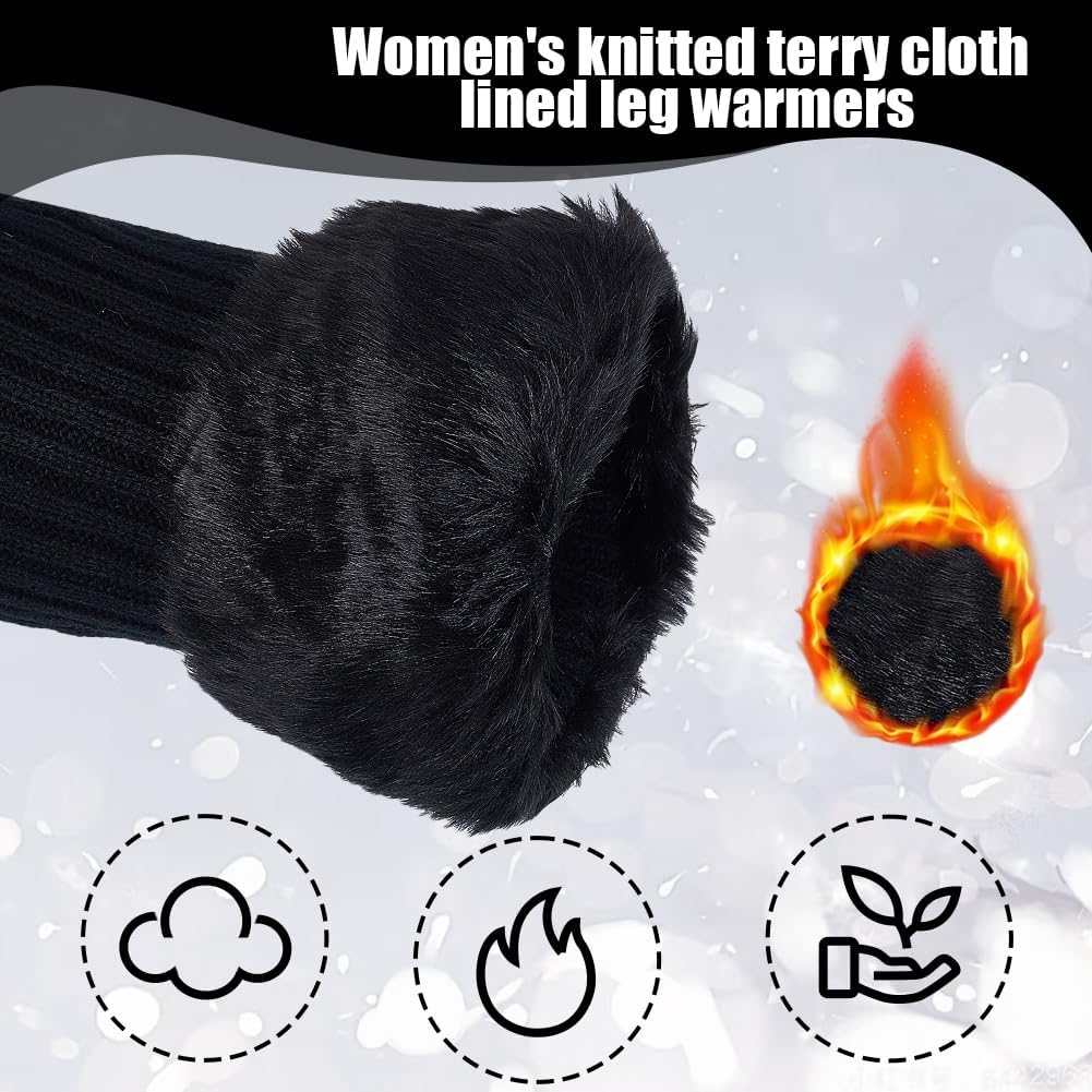 AHANDMAKER 2 Pair Women Fur Trim Boot Cuff Top Cover Leg Warmers Furry Fuzzy Knitted Boot Socks Faux Fur Wrist Cuffs for Women Party Costumes Gift for Christmas Winter (Black+White) - Image 3