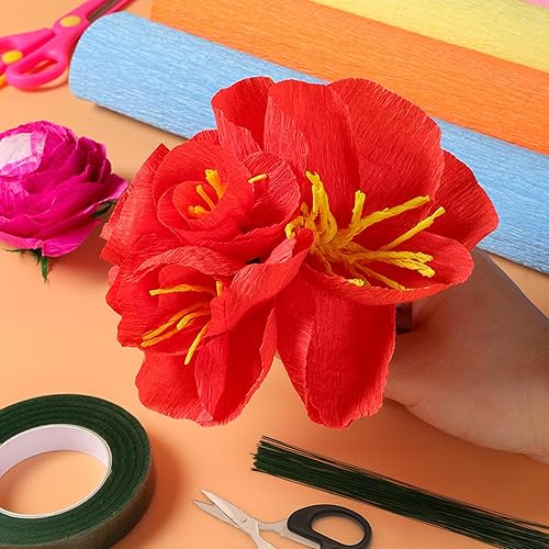 Miniatura 3 de Rollos de papel crepé de 14 colores, hojas de papel crepé de 9.8 x 98 pulgadas de ancho con 100 piezas de alambre de hierro floral verde, banda