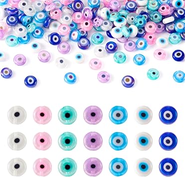 175pcs 8mm Evil Eye Beads Flat Round Turkish Eyeball Beads AB Color Lampwork Beads Glass Bracelet Loose Spacer Beads for DIY Halloween Craft Earring Necklace Jewelry Making