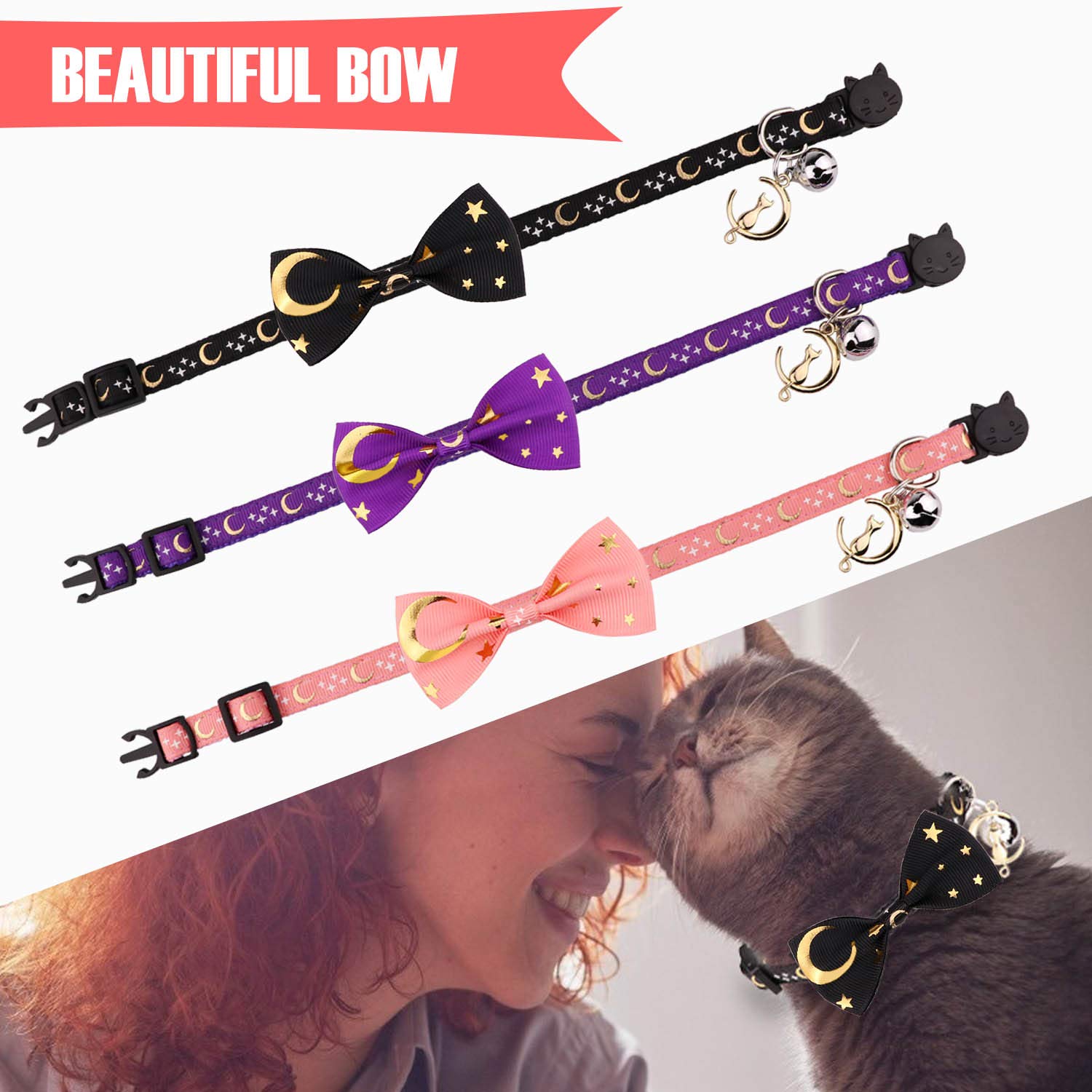Katzenhalsband, mit Fliege und Glöckchen, glitzernder Mond, leuchtender Stern im Dunkeln, für Kätzchen, Schwarz und Rosa, 2 Stück