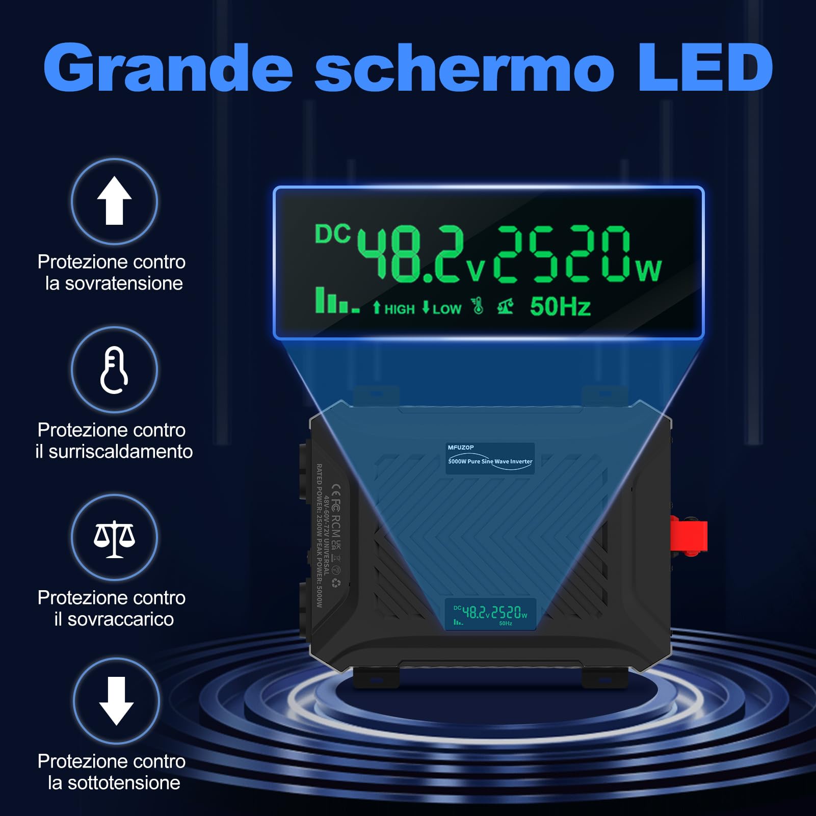 MFUZOP Power Inverter 48V/60V/72V a 230V Onda Pura 2500W/5000W, Convertitore di Tensione con Sistema di Rilevamento Intelligente, Ingresso Regolabile, Display LCD, 2 AC, 1 Type-C, 1 USB 5V 2.1A