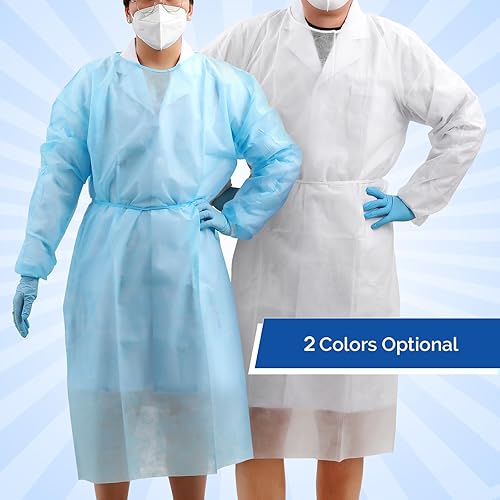Miniatura 8 de JMU 100 piezas de batas de aislamiento desechables a granel, vestidos médicos PP largos con puños de punto (blanco)