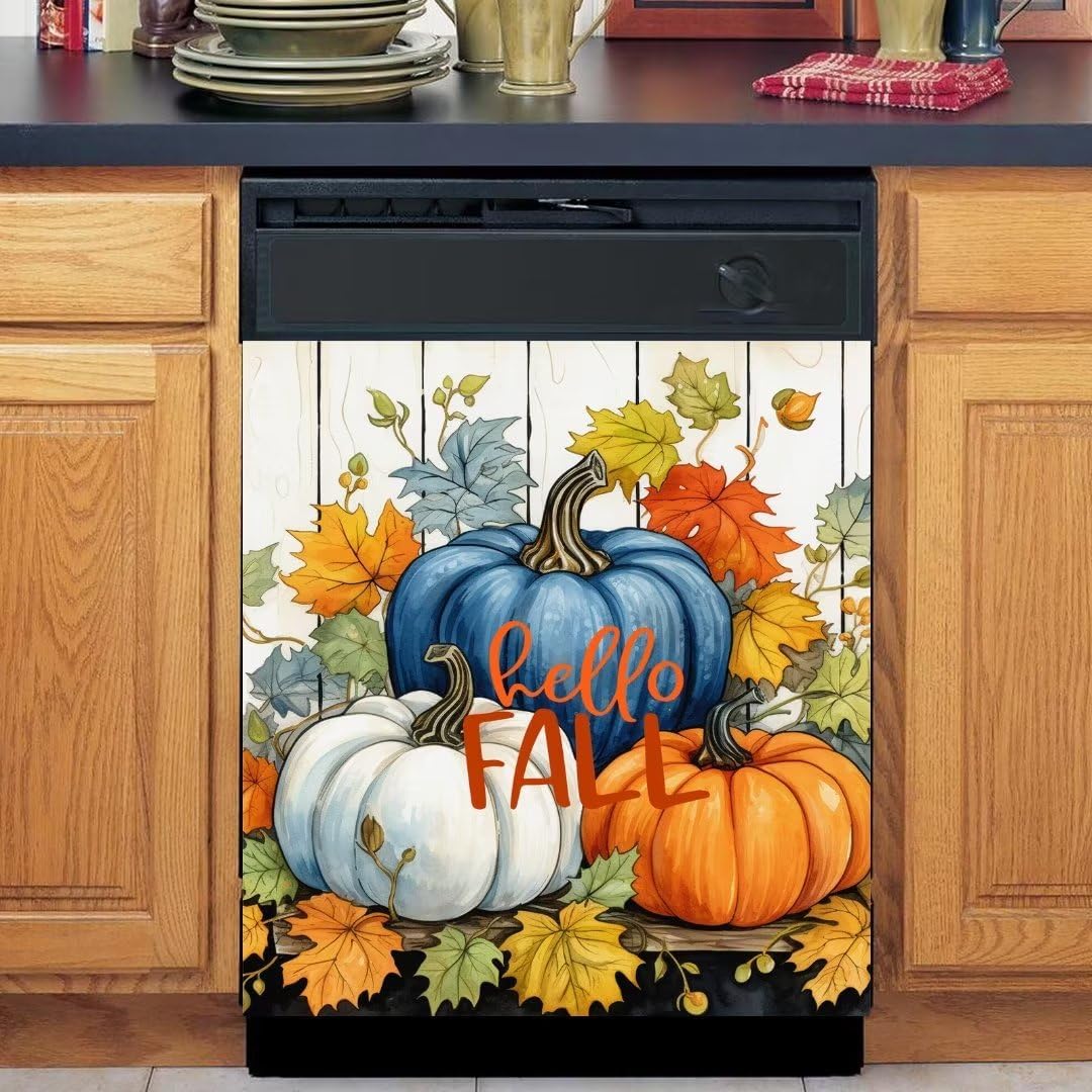 Hello Fall Pumpkin Dishwasher Magnet Cover,Farmhouse Kitchen Decor Refrigerator Magnets Panel Decals Thanksgiving Autumn Sticker - Home Cabinets Festive Holiday Decoration 23" x 26" Magnetic