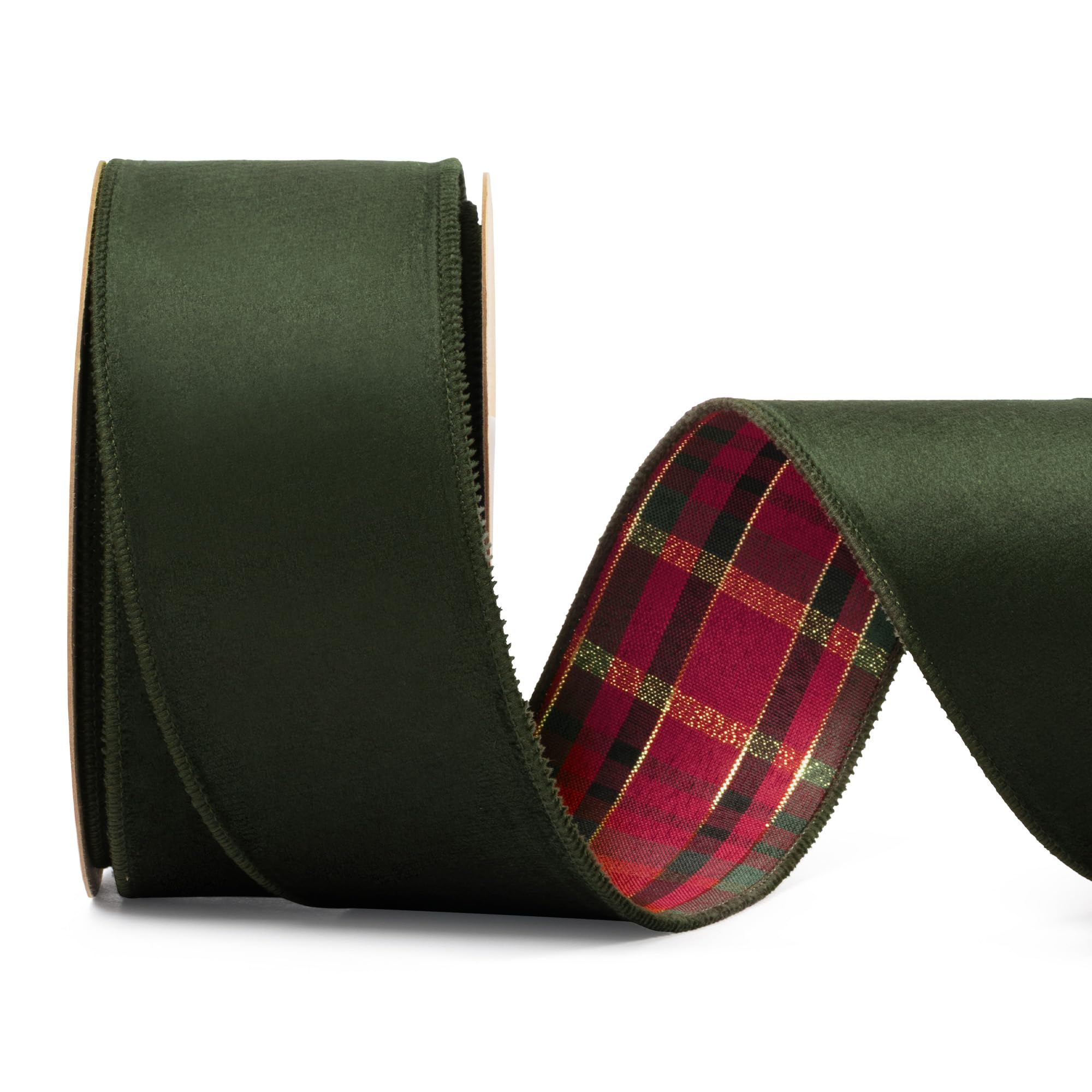 Keypan Samtband Moosgrün Weihnachts Karoband Draht Geschenkband 6,3cm