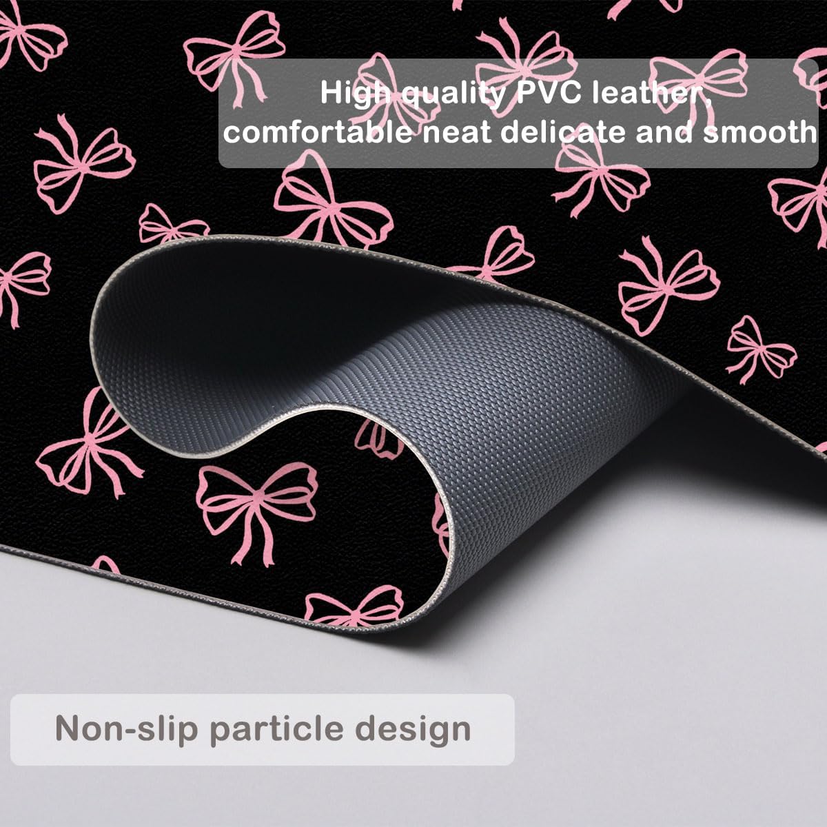 Cute Pink Bow Black Extended Gaming Keyboard Mouse Pad, Non-Slip Leather Home Office Desk Mat Protector, Laptop Desk Pad Writing Pad