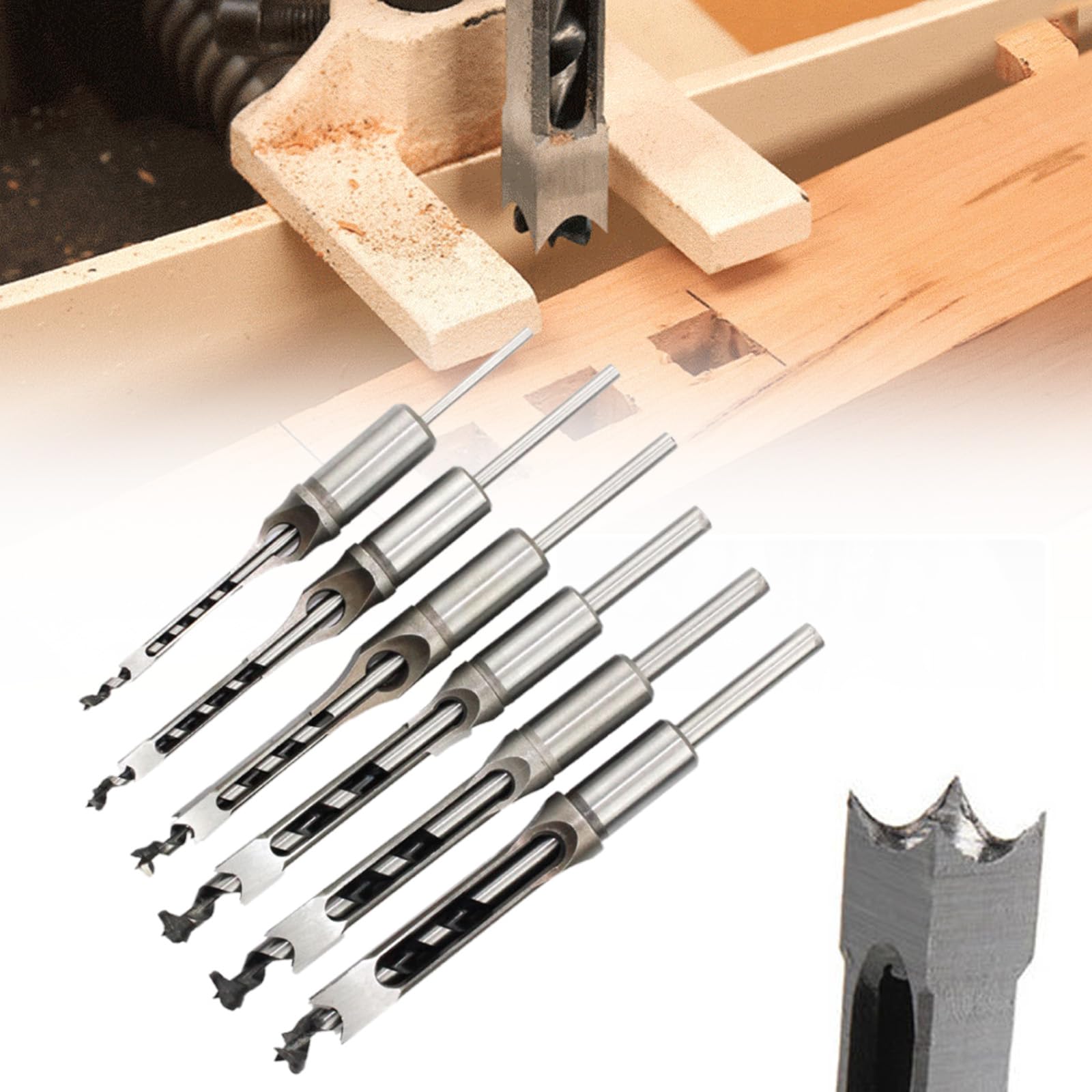 5PCS Hollow Chisel Mortise Drill Tool, Square Hole Drill Bit Tools Set - 1/4" 5/16" 3/8" 7/16" 1/2"