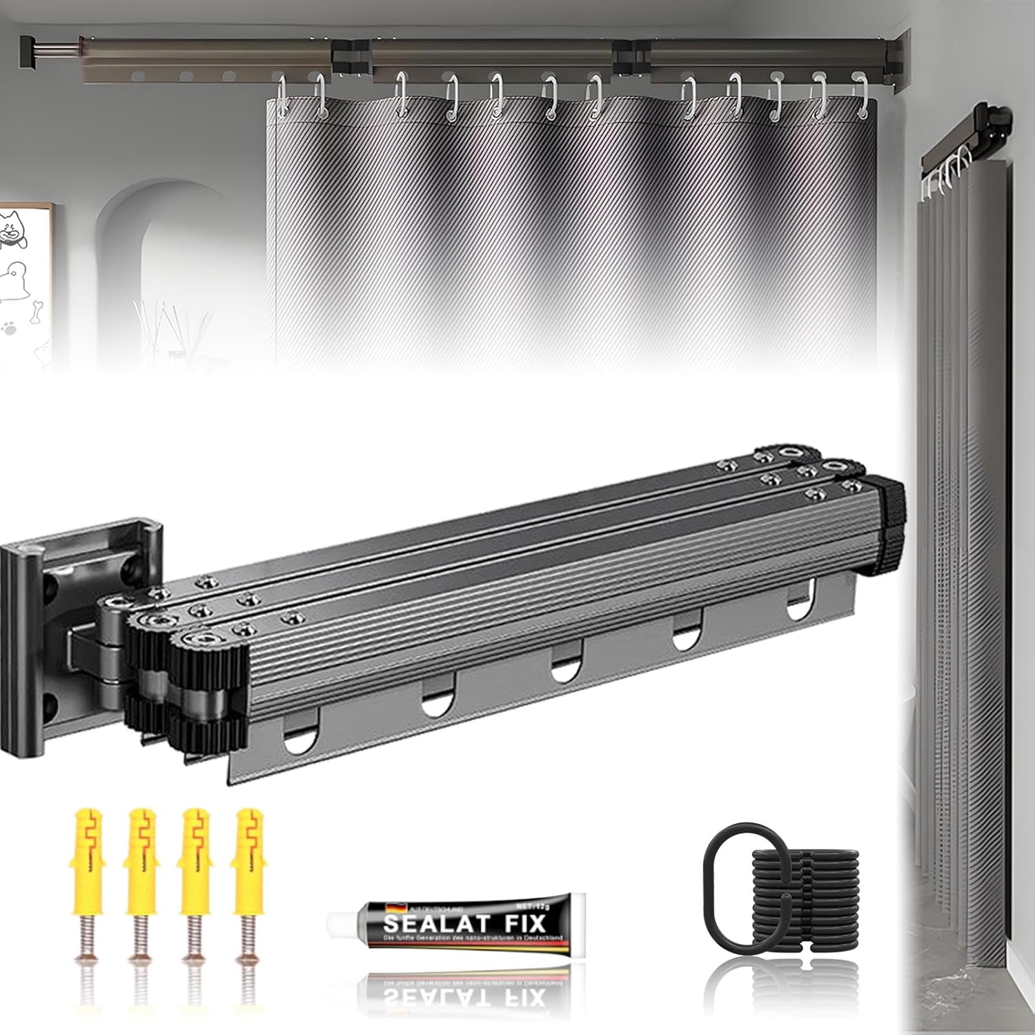 Wall Mount Folding Shower Curtain Rod, 42 Inches (3-Fold), Adjustable Diamond Shaped Corner Shower Curtain Rod 90 Degrees, No Drill, Space Saver, Bathroom Bathtub, Clothing Store, Dressing Rooms