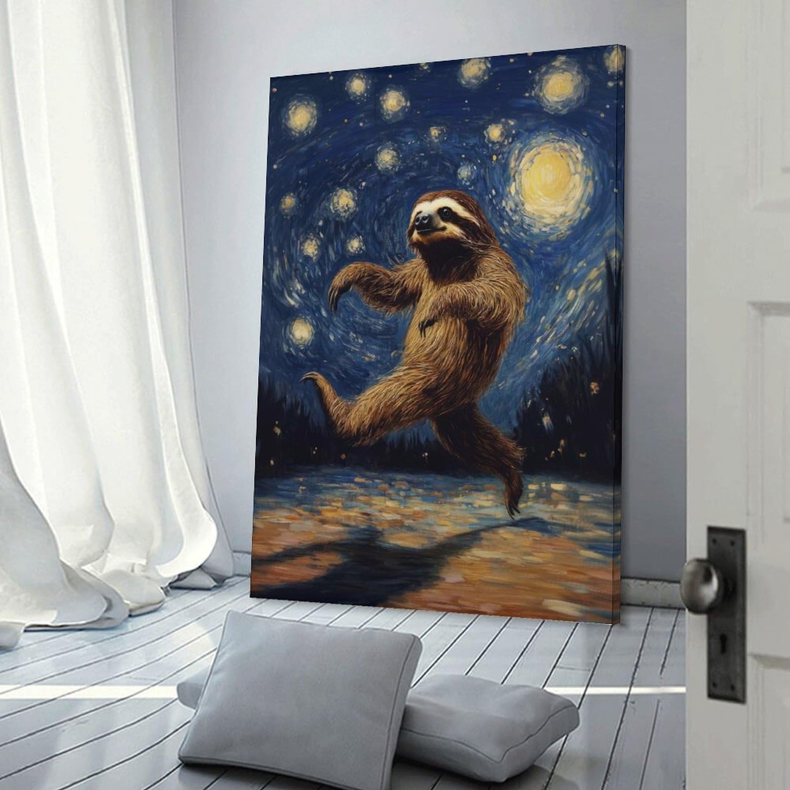 Junmoney Sloth in Starry Night Decorative Wall Artwork, 24x36inch(60x90cm), for Corridors, Hallways Or Apartment Entries, Home Artwork for First Impressions