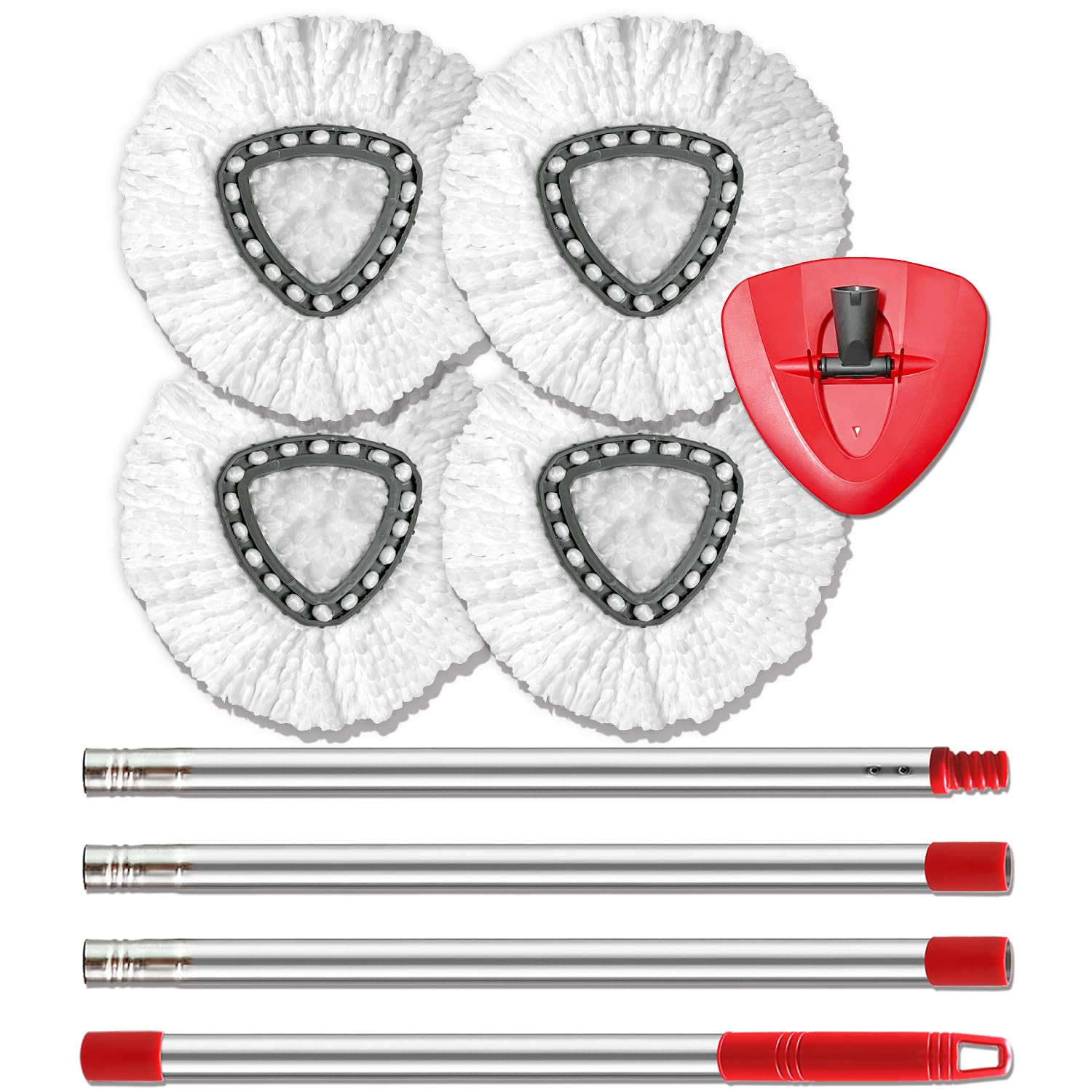 Spin Mop Replace Head, Base, Handle Compatible with O Cedar EasyWring Microfiber Spin Mop, 4 Mop Refills Replacement Heads, 30-58in Mop Handle and 1 Mop Base (White (1-Tank System))