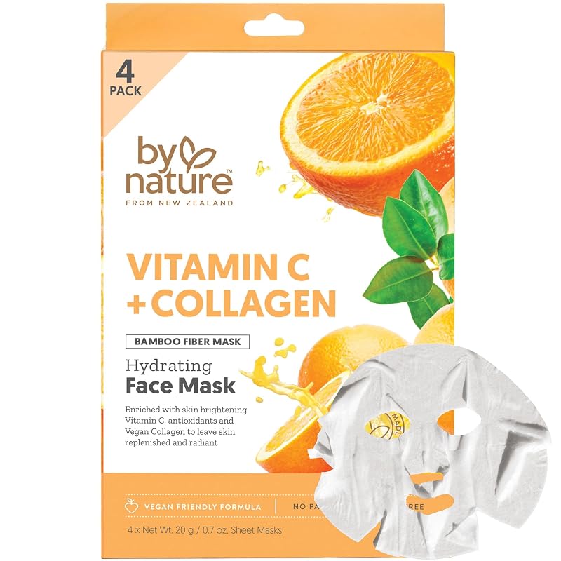 By Nature Máscara Facial de Tecido com Vitamina C, Colágeno e Vitamina E — Pacote com 4