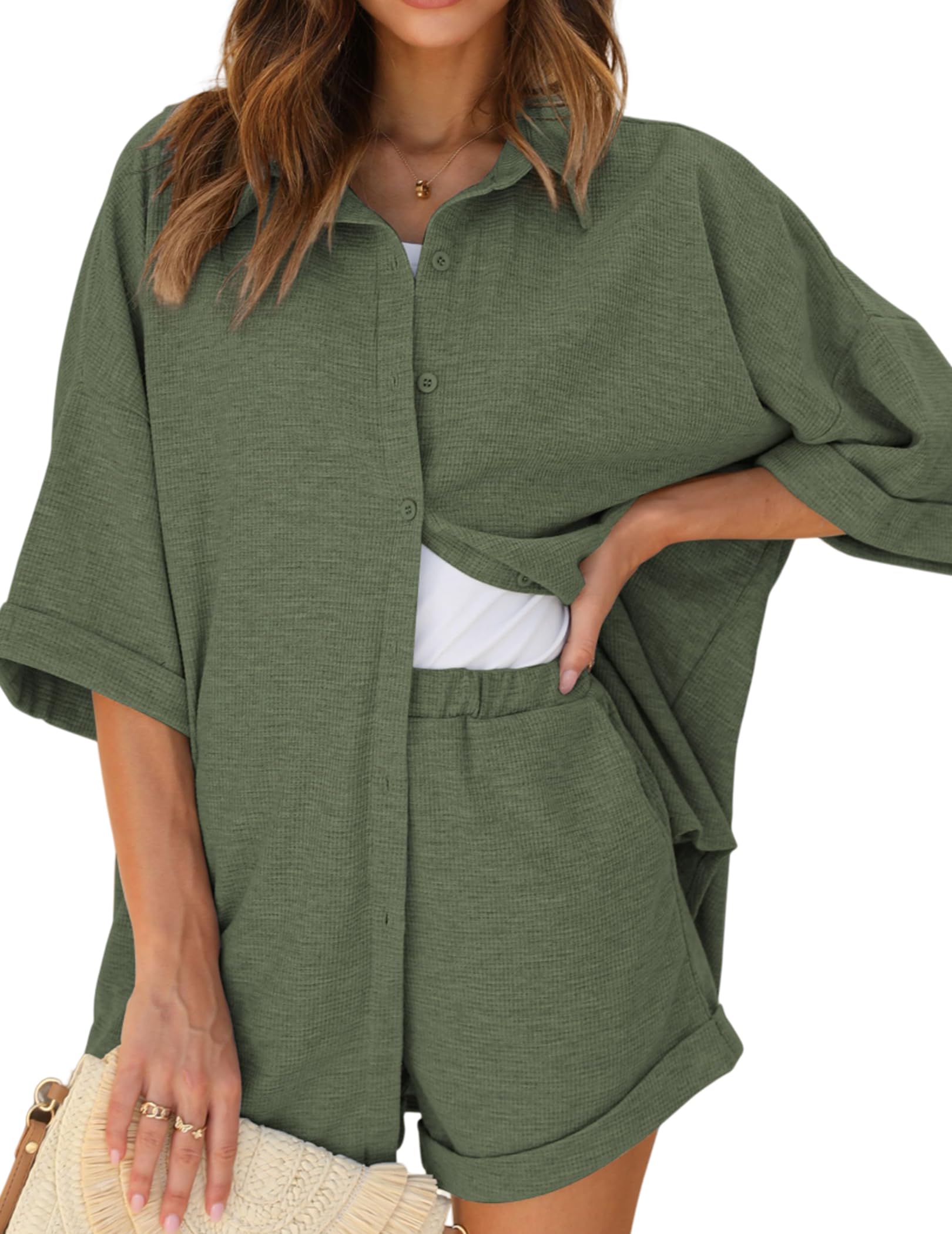 Ekouaer Waffle Knit Lounge Sets for Women Short Sleeve Pajamas Button Down Pjs Oversized Loungewear Shorts Set