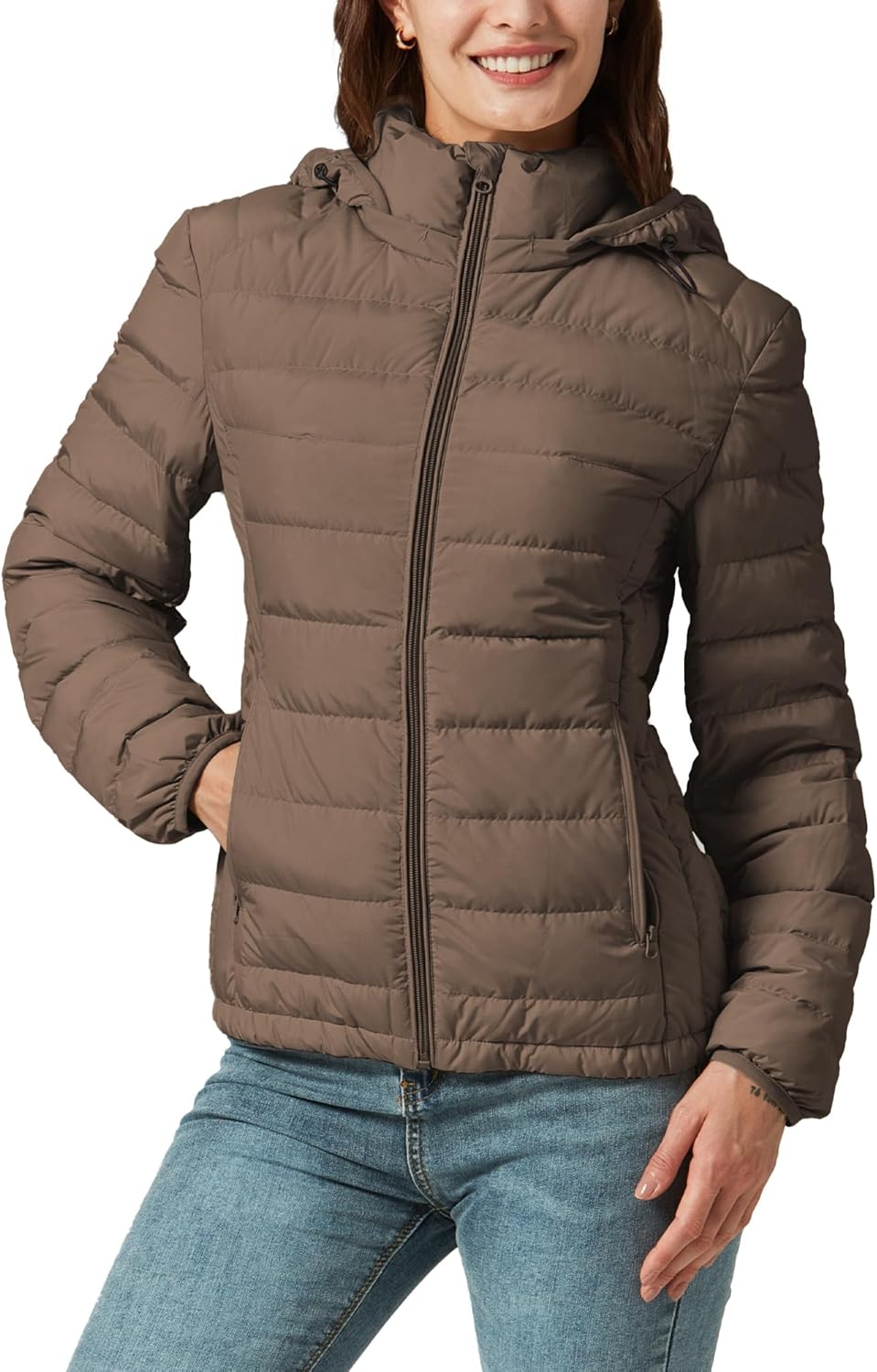 YZG Down Jacket for Women Lightweight Long Sleeve Quilted Puffer Coat with Detachable Hooded