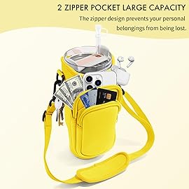 JEBEALUO Water Bottle Carrier Bag with Phone Pocket for Stanley Cup 40/30 oz, Water Bottle Holder with Adjustable Strap& Straw Cover, Stanley Cup Accessories (Yellow)