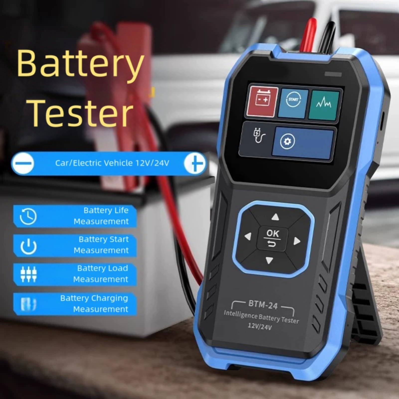 BTM-24 Auto Batterietester 12V 24V mit Überspannungsschutz und Verpolungsschutz, Kapazitätsmessgerät mit 2,4 Zoll Farbdisplay für Pkw und Elektrofahrzeuge