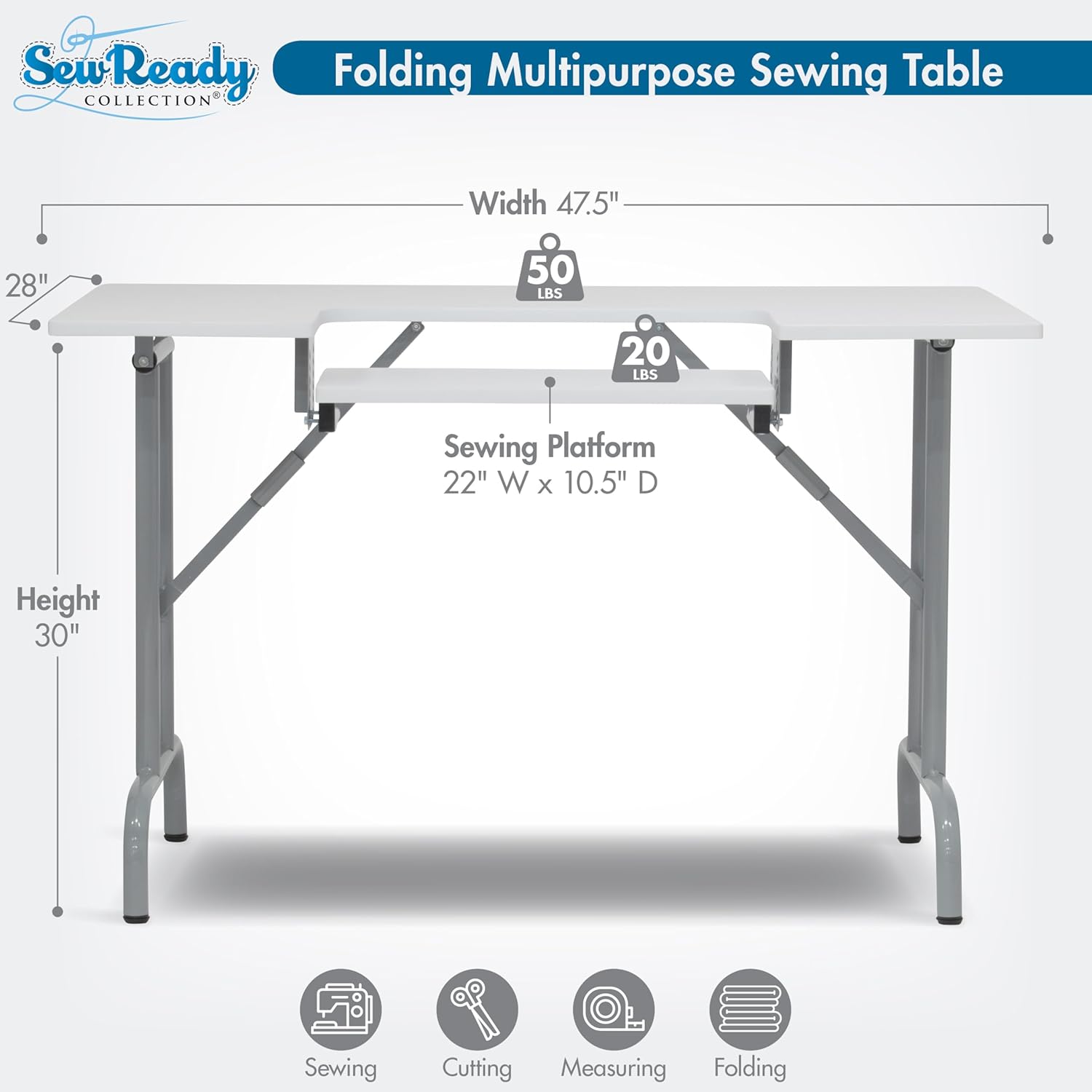 sew ready folding multipurpose sewing table - 47.5" w x 28" d foldable white hobby and sewing machine table with adjustable shelf - can also be used as computer desk silver/white folding