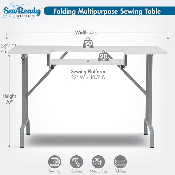 Sew Ready Folding Multipurpose Sewing Table - 47.5 W x 28 D Foldable White Hobby and Sewing Machine Table with Adjustable Shelf - Can Also Be Used as Computer Desk | Adjustable Drop-Down Platform, 6 Height Positions, Powder-Coated Steel Frame, Doubles as Computer or Office Desk for Craft