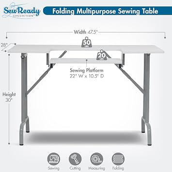 Sew Ready Folding Multipurpose Sewing Table - 47.5 W x 28 D Foldable White Hobby and Sewing Machine Table with Adjustable Shelf - Can Also Be Used as Computer Desk | Adjustable Drop-Down Platform, 6 Height Positions, Powder-Coated Steel Frame, Doubles as Computer or Office Desk for Craft