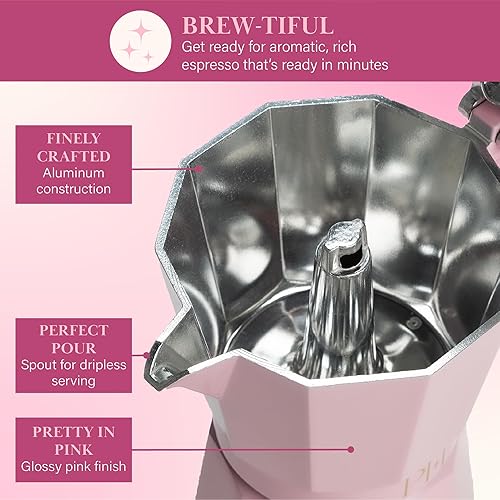 Miniatura 3 de Paris Hilton Cafetera de café y café para estufa, cafetera de estilo italiano y cubano con emblemática perilla de corazón, perfecta para expreso