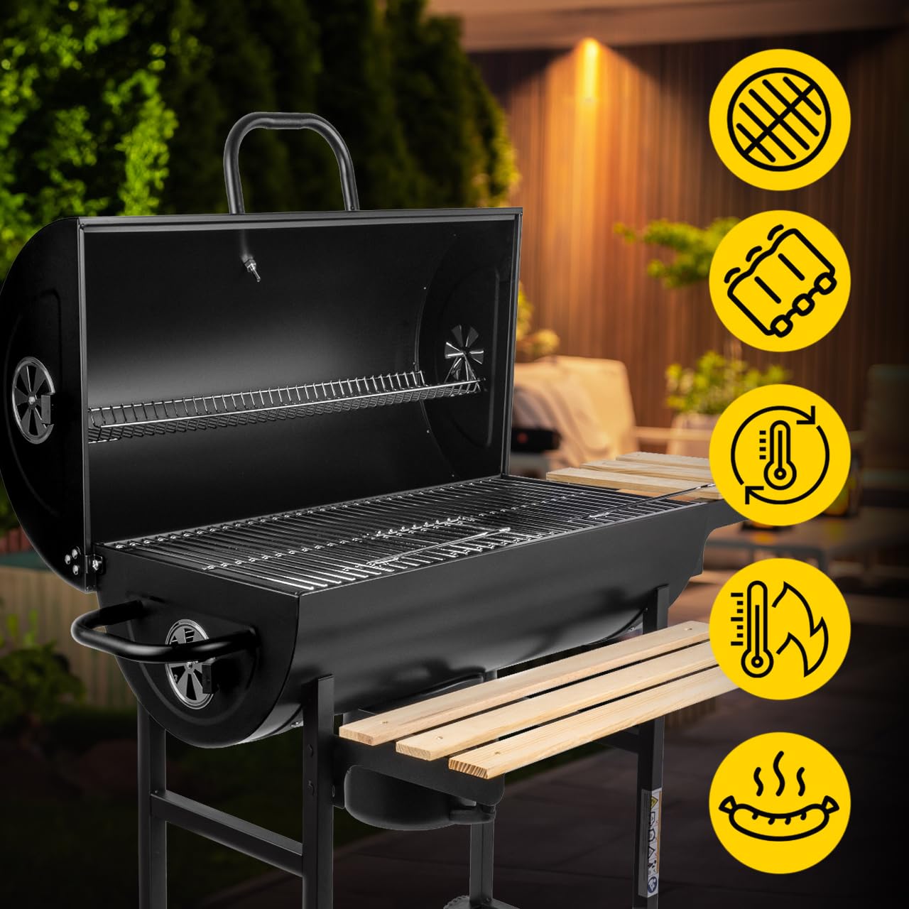 MalTec BigBend GM2020 grill na węgiel drzewny, okrągła beczka z fartuchem, grillem ogrodowym, kółkami, z pokrywką, dodatkowe półki