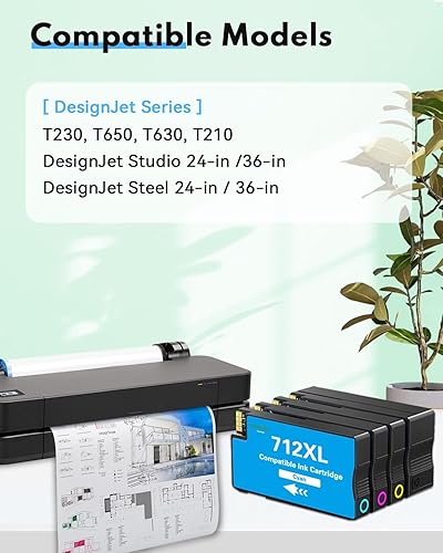 Miniatura 2 de 712XL - Cartuchos de tinta de alto rendimiento de repuesto para impresora HP 712 712XL para impresora de trazador de estudio DesignJet T230 T650