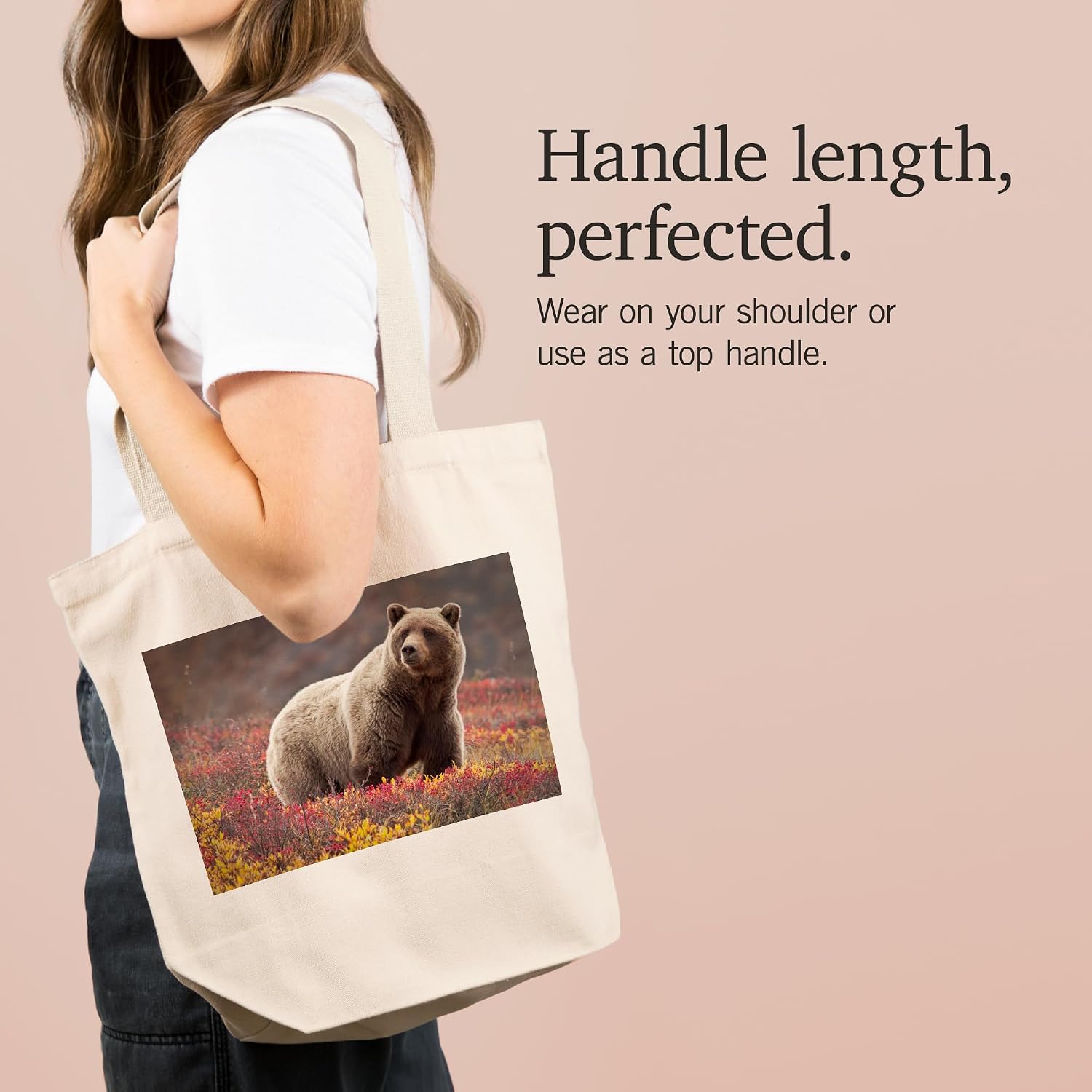 Lantern Press Grizzly Bear and Colorful Meadow Flowers (100% Cotton Canvas Reusable Tote Bag) image 2