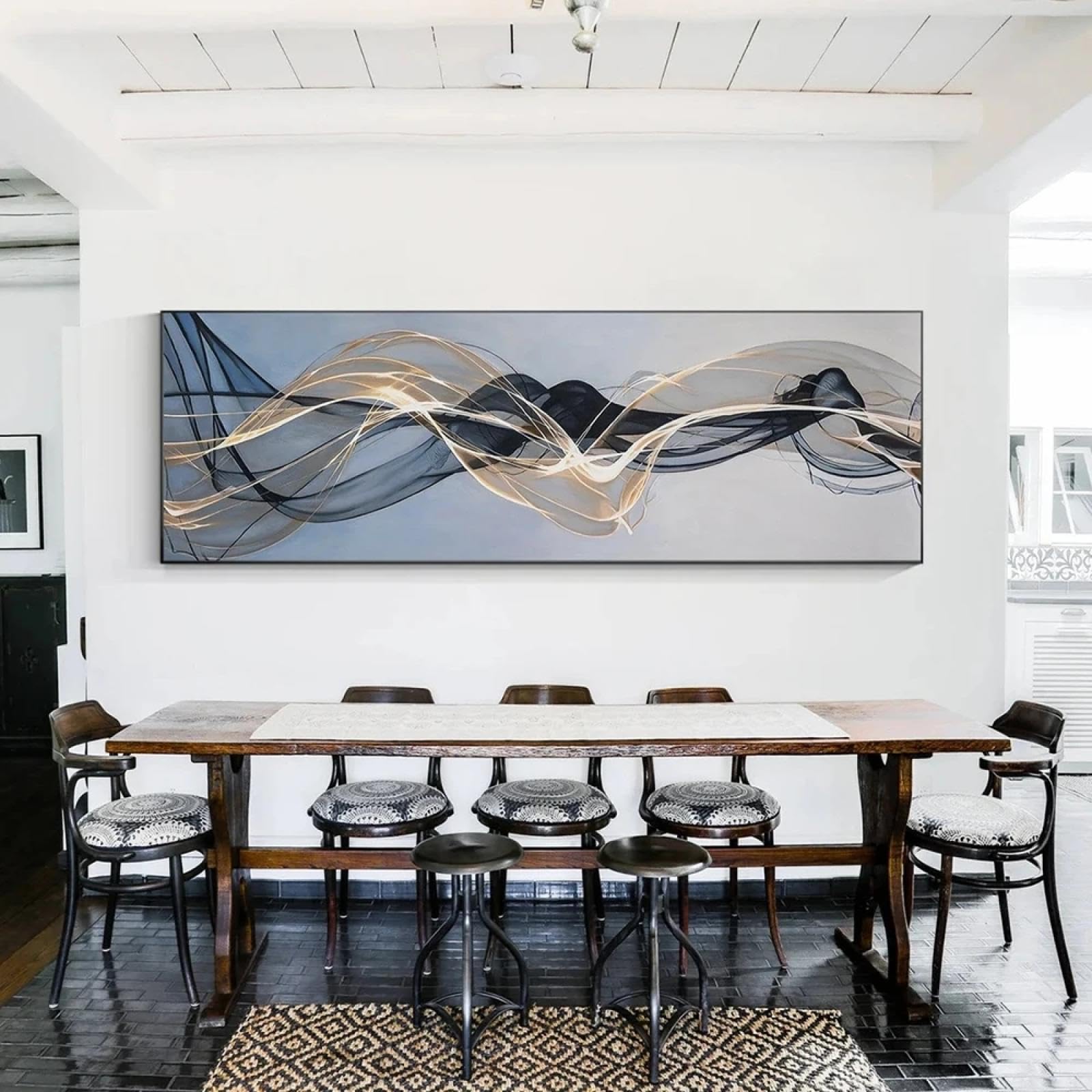 BHTMOI Quadro su tela astratto grigio oro nastro nero dipinto su tela lungo poster di grandi dimensioni per soggiorno moderno arredamento camera da letto 60x180 cm (23,6x70,8 pollici) senza cornice