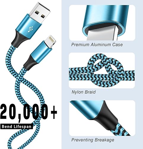 Miniatura 4 de Paquete de 3 cargadores para iPhone, cable Lightning USB de 6 pies, certificado MFi, carga rápida, nailon trenzado para iPhone, cable de carga