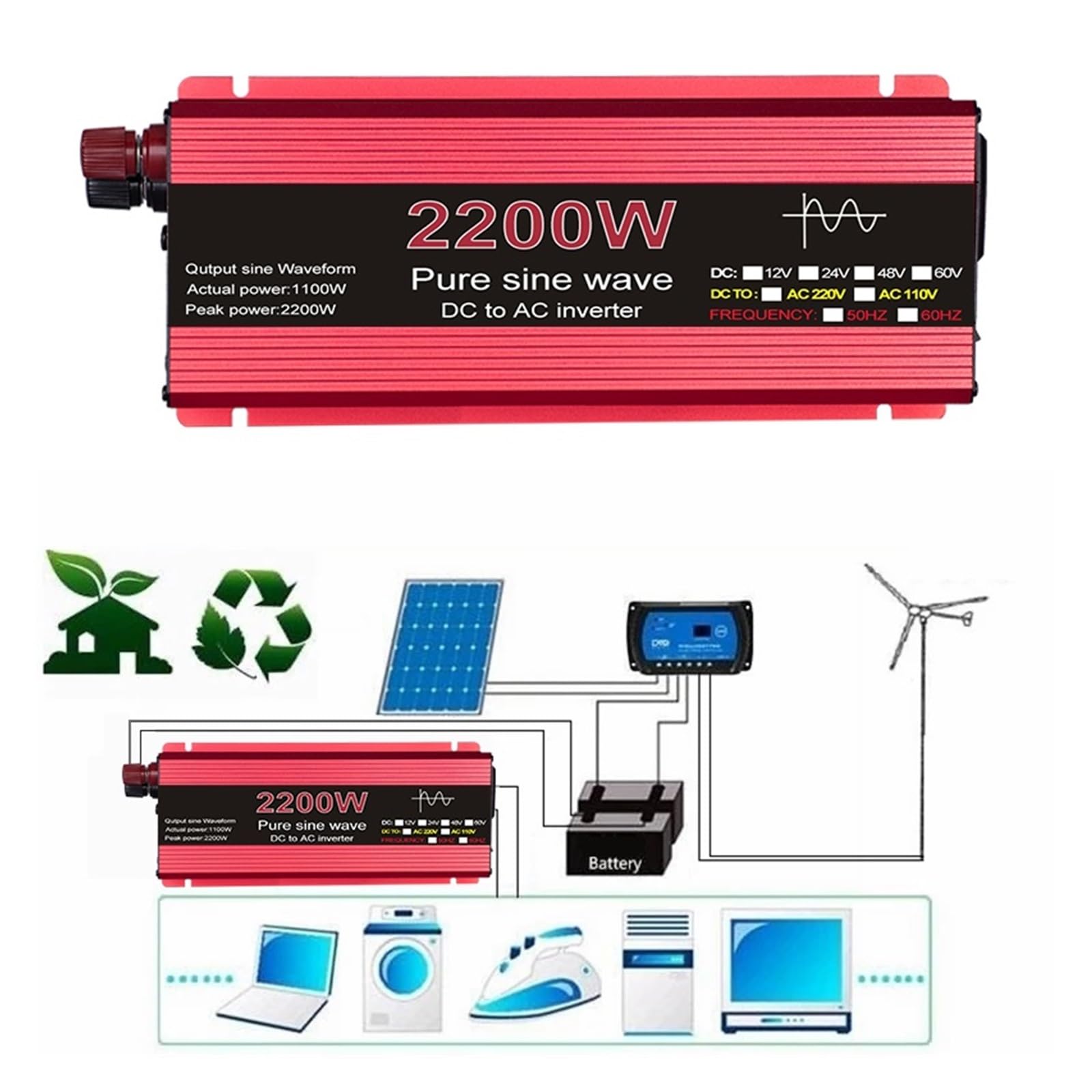 Czysta Fala Sinusoidalna Przetwornica 3000W 2200W 1600W 1000W Napięcie DC 12V 24V Do AC Transformator Konwerter Mocy Falownik Słoneczny(3000W,12V)