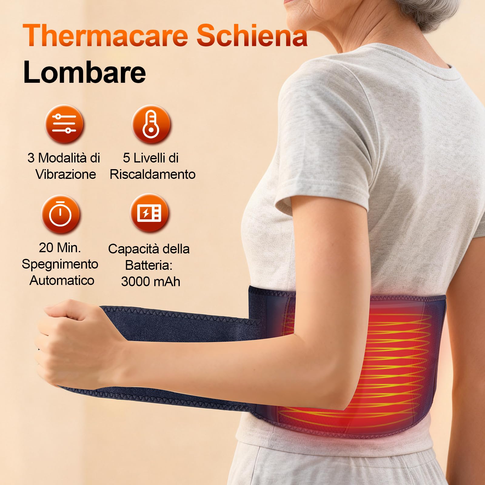 Fascia Lombare Riscaldamento,Massaggiatore Schiena Cintura Riscaldante,3000mAh Batteria Termoforo Elettrico Lombare,Fascia Riscaldante Schiena,3 Modalità di Massaggio e 5 Regimi Termici