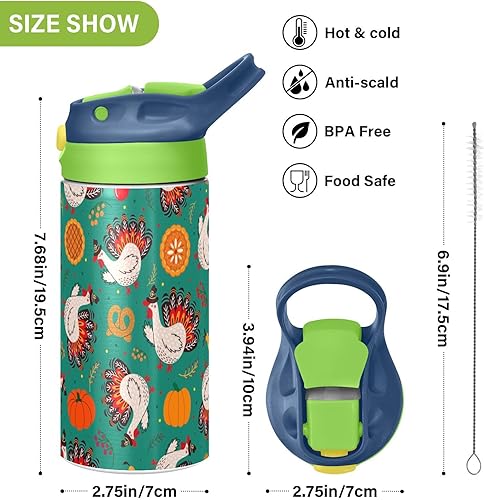 Miniatura 3 de Fall Thanksgiving Turkey Pumpkins Kids Water Bottle with Straw Insulated Stainless Steel Kids Water Bottle Thermos for School Boy Girl Reusable