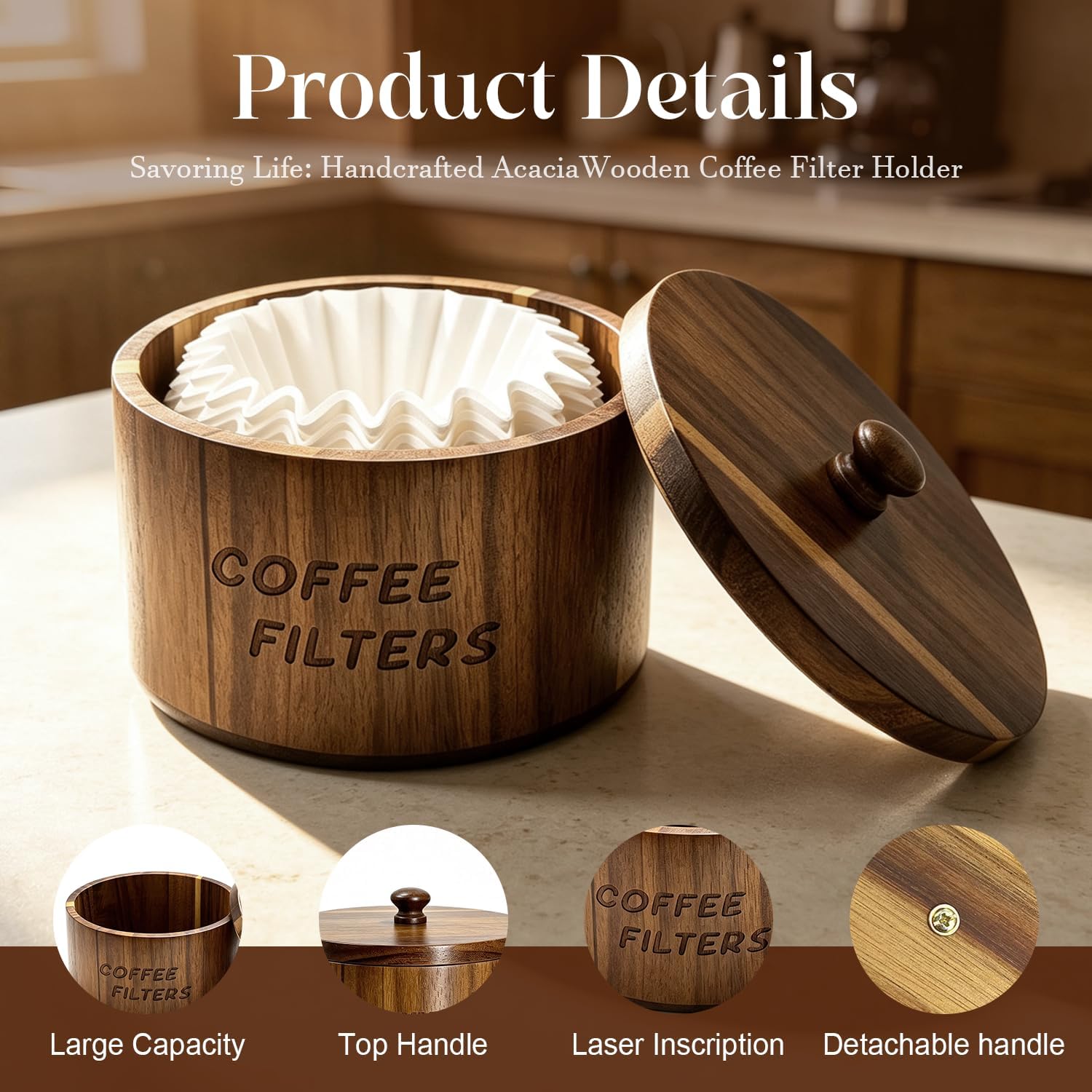 Acacia Wood Coffee Filter Holder, Wooden Storage Container with Lid