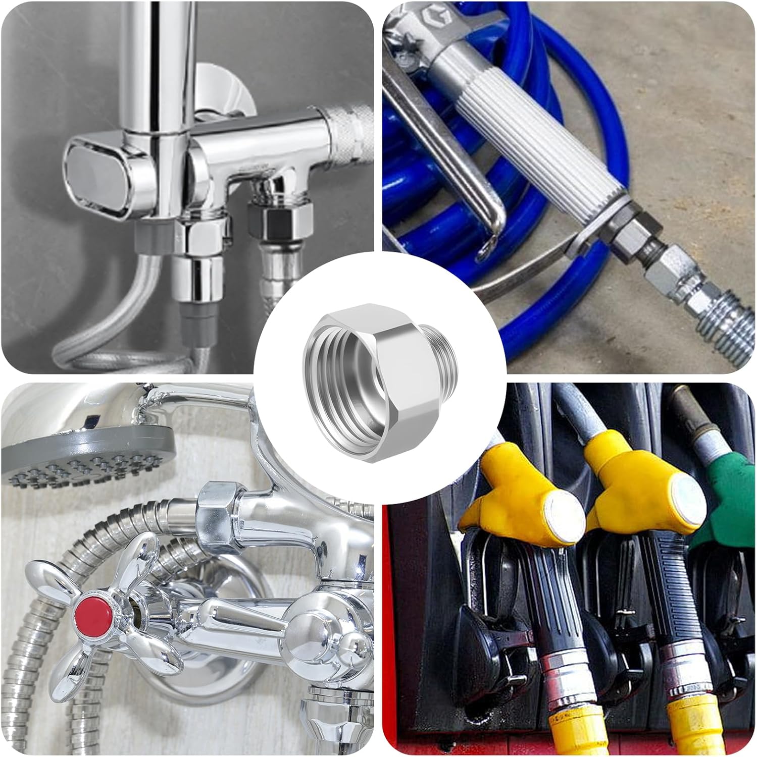 4 PCS 1/2 Female To 3/8 Male Reducer Compression Fitting Brass and Stainless Steel Water Line Adapter with Rubber Washer & Tape Leak-Proof Compression Pipe for Kitchen Bathroom RV Faucet Supply Hose