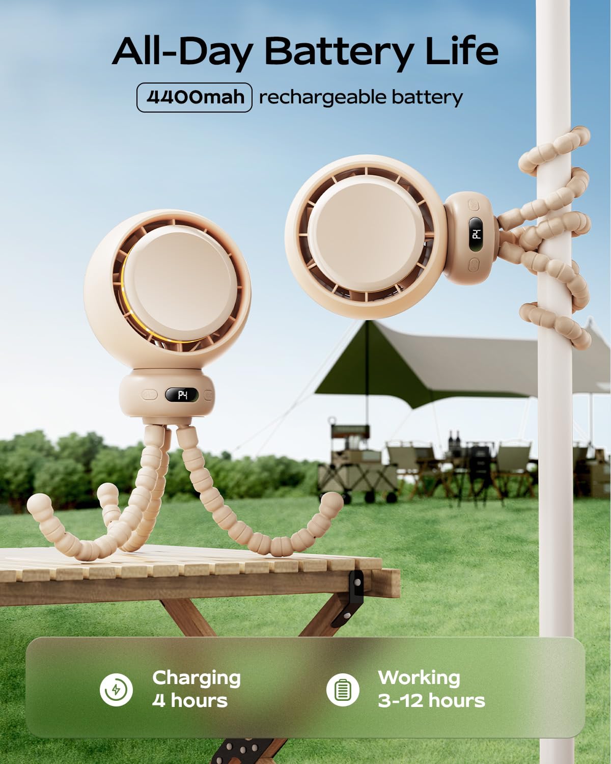 Ventilateur portable pour poussette avec oscillation automatique de 60 °, marron | Trépied flexible, rechargeable USB-C, batterie longue durée, moteur silencieux, refroidissement à 4 vitesses