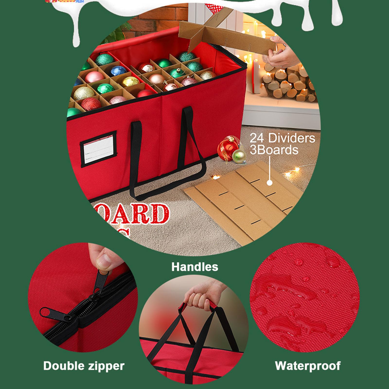porta palline natale, Contenitore per Palline di Natale, Scatola Porta Palline di Natale, Organizer per Decorazioni dell'Albero, Tessuto Oxford, Cerniera Lampo e Maniglie (Rosso,61x30x30cm)