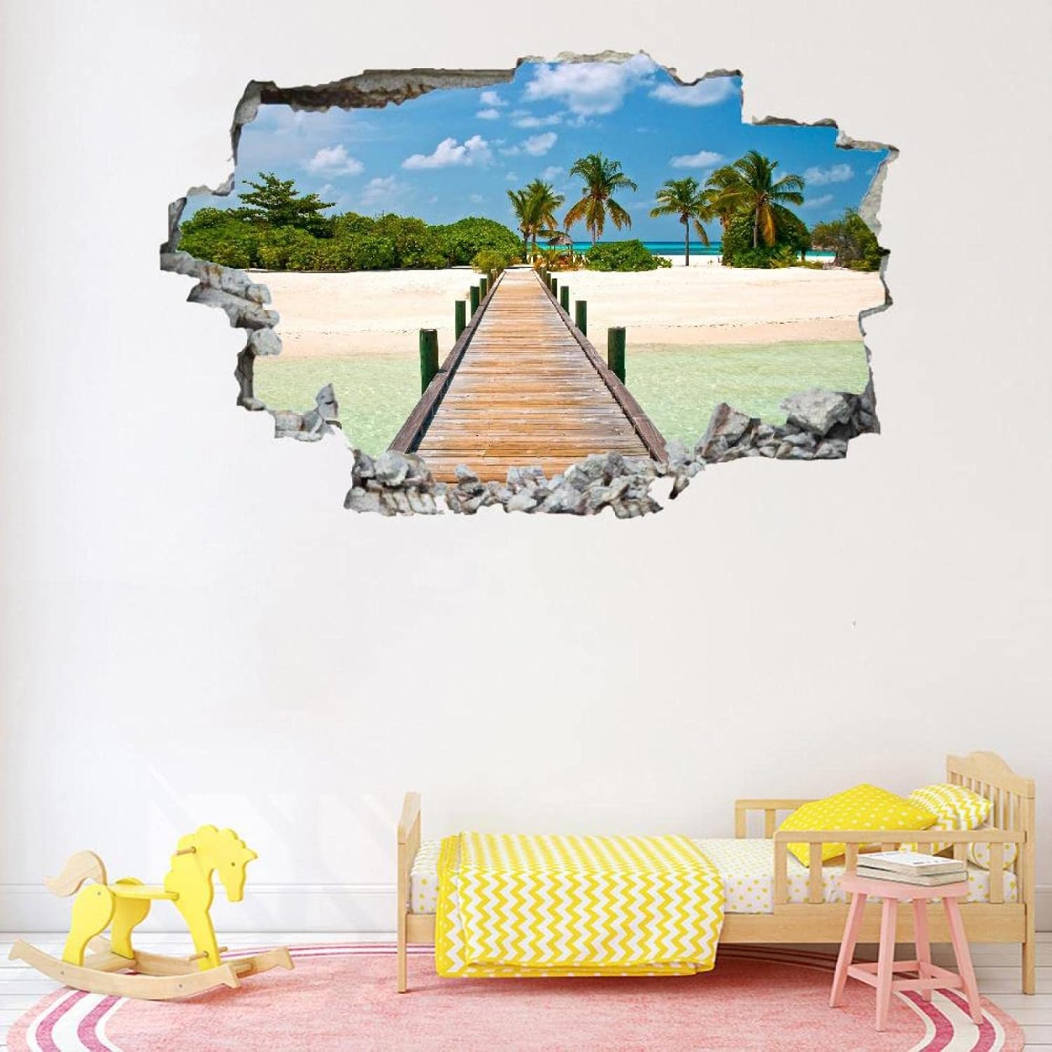 Beach 3D Smashed Wall Effect Road Waterproof Wall Stickers Art Removable Pier Vinyl Wall Decal for Kids Boys Girls Nursery Home Bedroom Wall Décor 43" W x 28" H