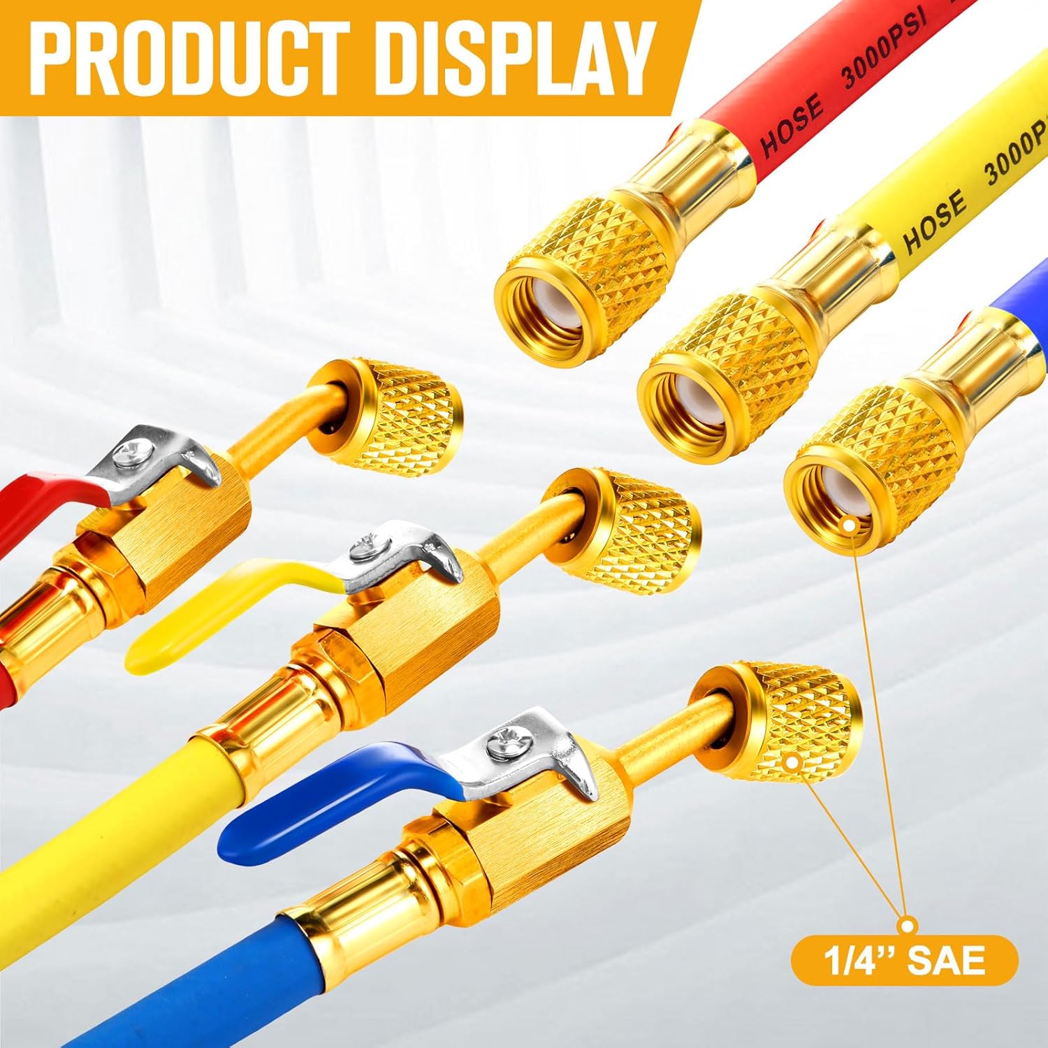 10 Pcs AC Manifold Gauge Hose with R410a Mini Split Adapter Tank Adapter Refrigerant Charging Hose for R134a R410a R404a R12 R22 Refrigerants(Bright,60 Inch)