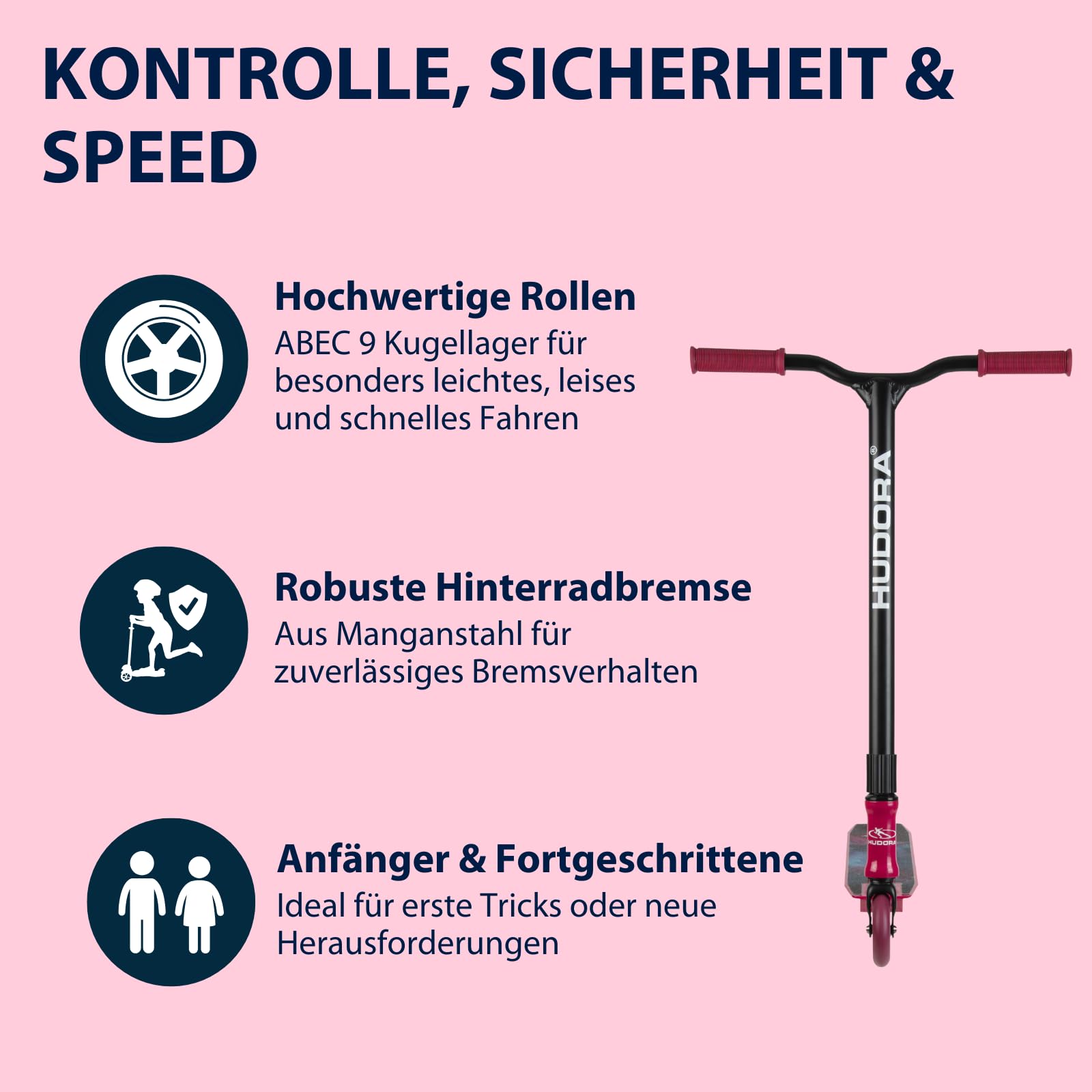 HUDORA Stunt Scooter für den Skatepark – robuster Freestyle Roller mit 360° Lenker, ABEC 9 Kugellager & Stahlbremse – Stunt Roller für Anfänger & Geübte, rutschfestes Deck, schnell rollend