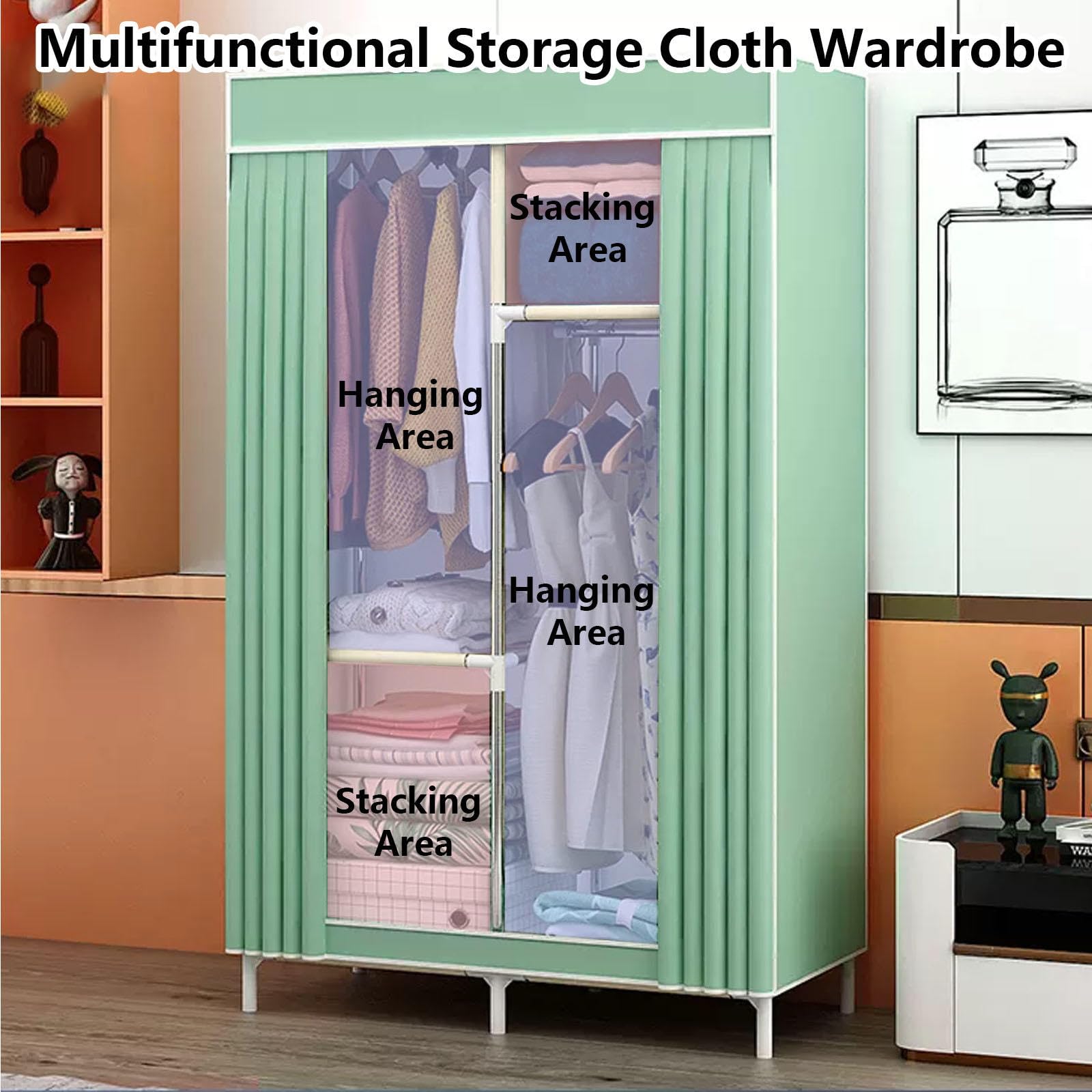 Kleiderschrank aus Segeltuch, tragbarer Kleiderschrank mit Kleiderstange, Stoffschrank für Schlafzimmer und Wohnzimmer, Blau, 86 x 45 x 170 cm
