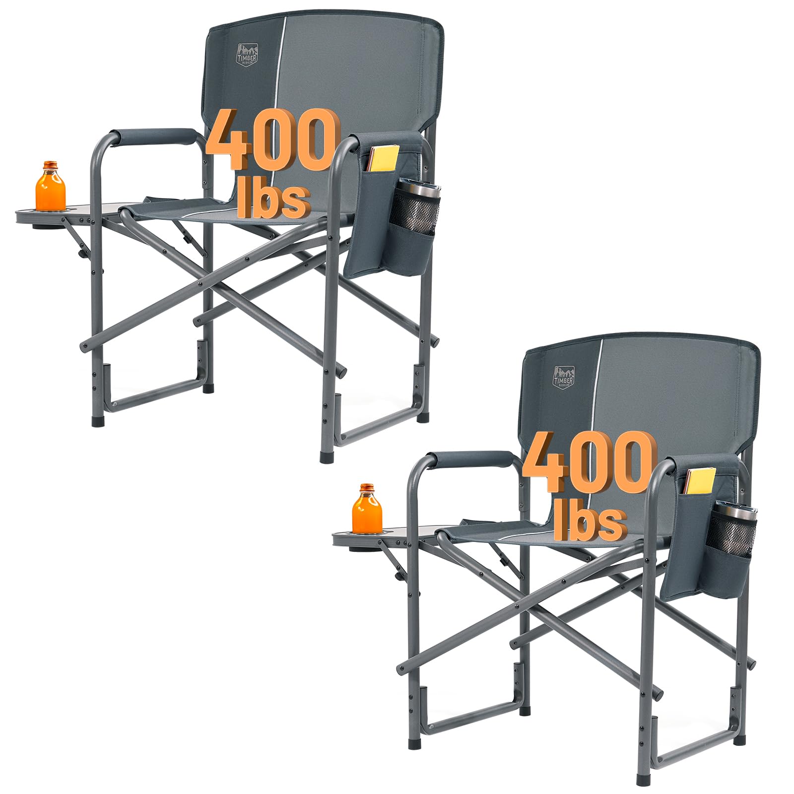 TIMBER RIDGE Aluminum Oversized Camping Chair, Lightweight Portable Directors Chair with Side Table Detachable Side Pocket for Outdoor Camping, Lawn, Picnic, Support 400lbs Grey 2 Pack