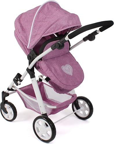 Bayer Chic 2000 - Nele Doll's Pram, 2-in-1 Combination Doll Pram for Children from 3 to 8 Years, Doll Pram with Convertible Baby Carrycot for Dolls up to 50 cm Size, Jeans Pink - 3