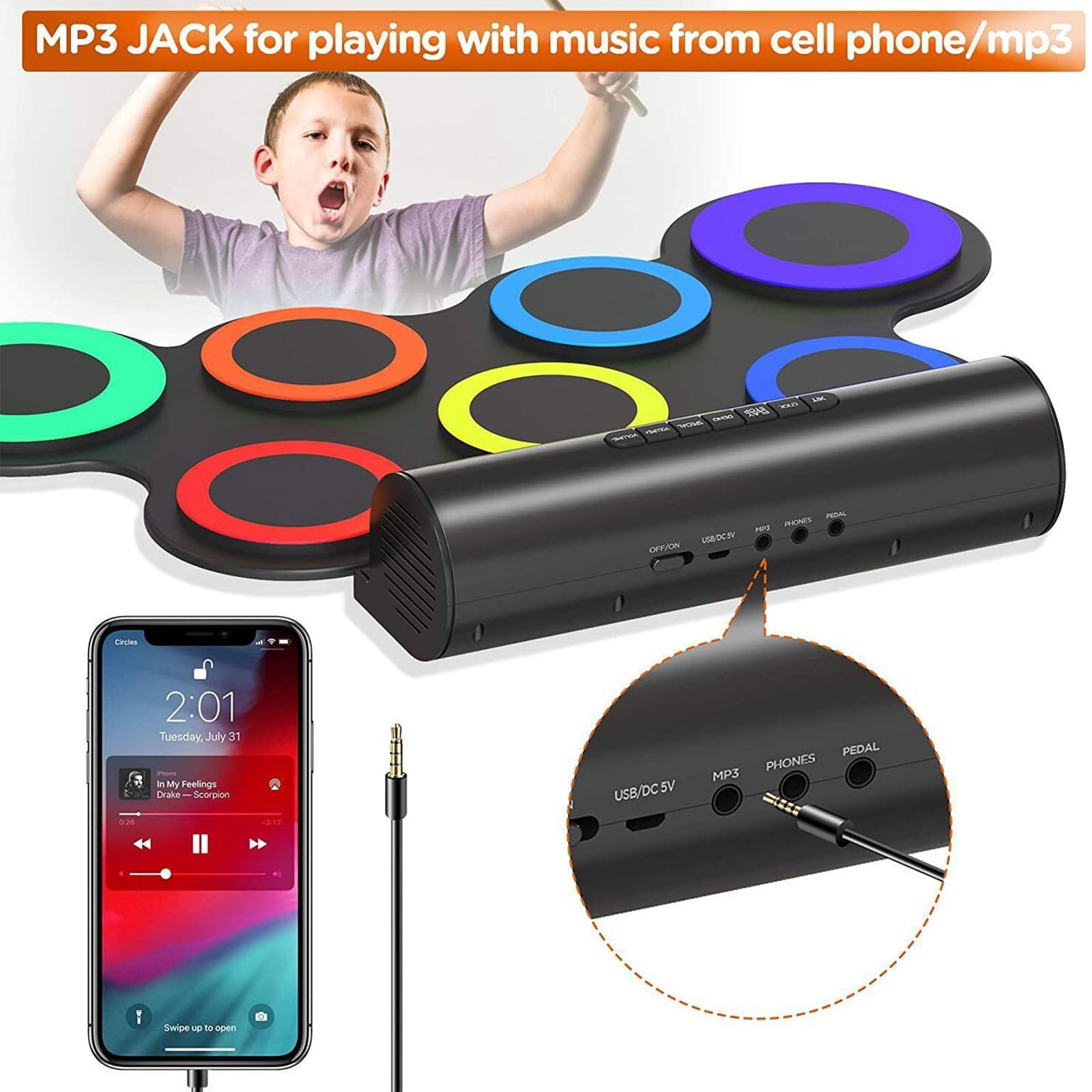 Batteria elettronica pieghevole in silicone alimentata tramite USB, per uso interno ed esterno, include la selezione del suono