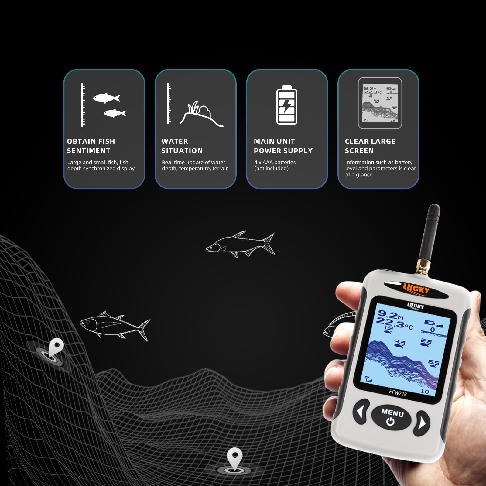 LUCKY Sondeur de Pêche sans Fil avec Mesure de la Profondeur de l'eau Sondeurs Portables pour Kayak Capteur Sonar Écran LCD Sondeur de Pêche pour Bateau pour la Pêche en Kayak Depuis Le Bord FFW718