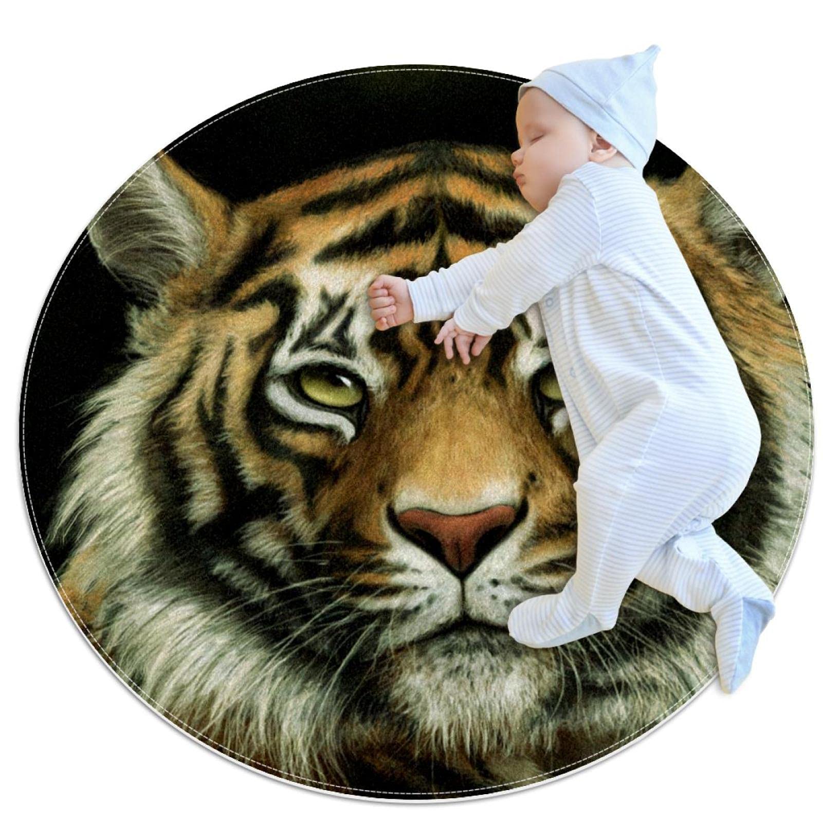 Tapis tigre rond 100cm anti-poussière pour laverie et salon