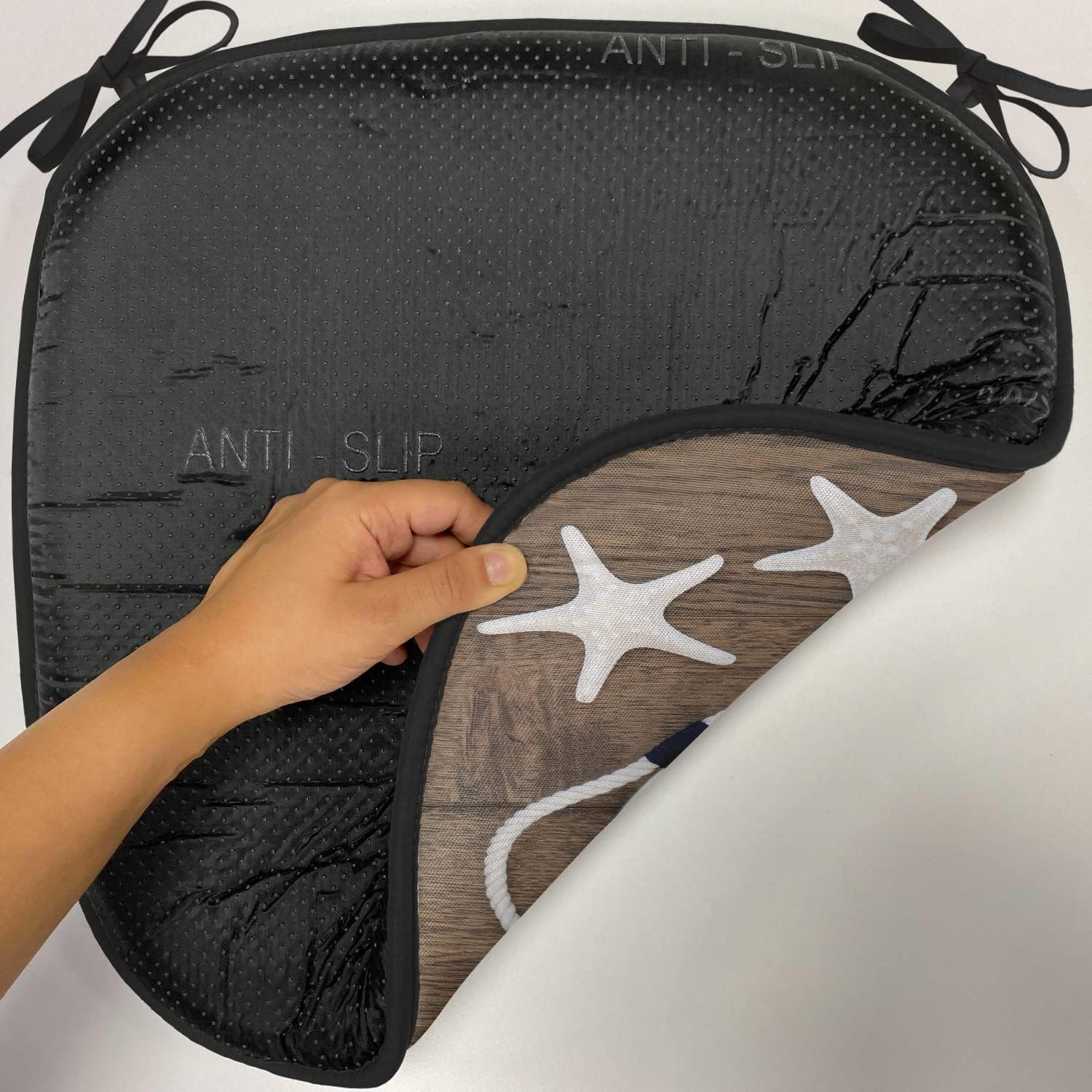 Lunarable Anchor Chair Cushion Pads Set of 2, Life Anchor Starfish Seashells Over Old Oak Background Marine Lifestyle, Anti-Slip Seat Padding for Kitchen & Patio, 16"x16", Brown Blue White