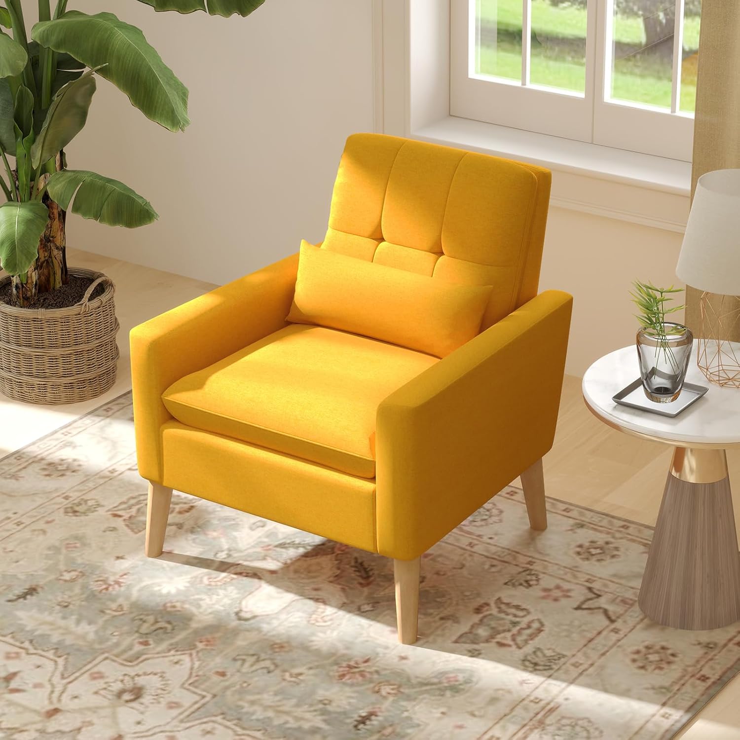 KOMFOTT Modern Linen Accent Chair, Upholstered Tufted Armchair with Lumbar Pillow, Rubber Wood Legs, Padded Cushions, Comfy Sofa Chair for Living Room, Guest Room, Bedroom, Yellow