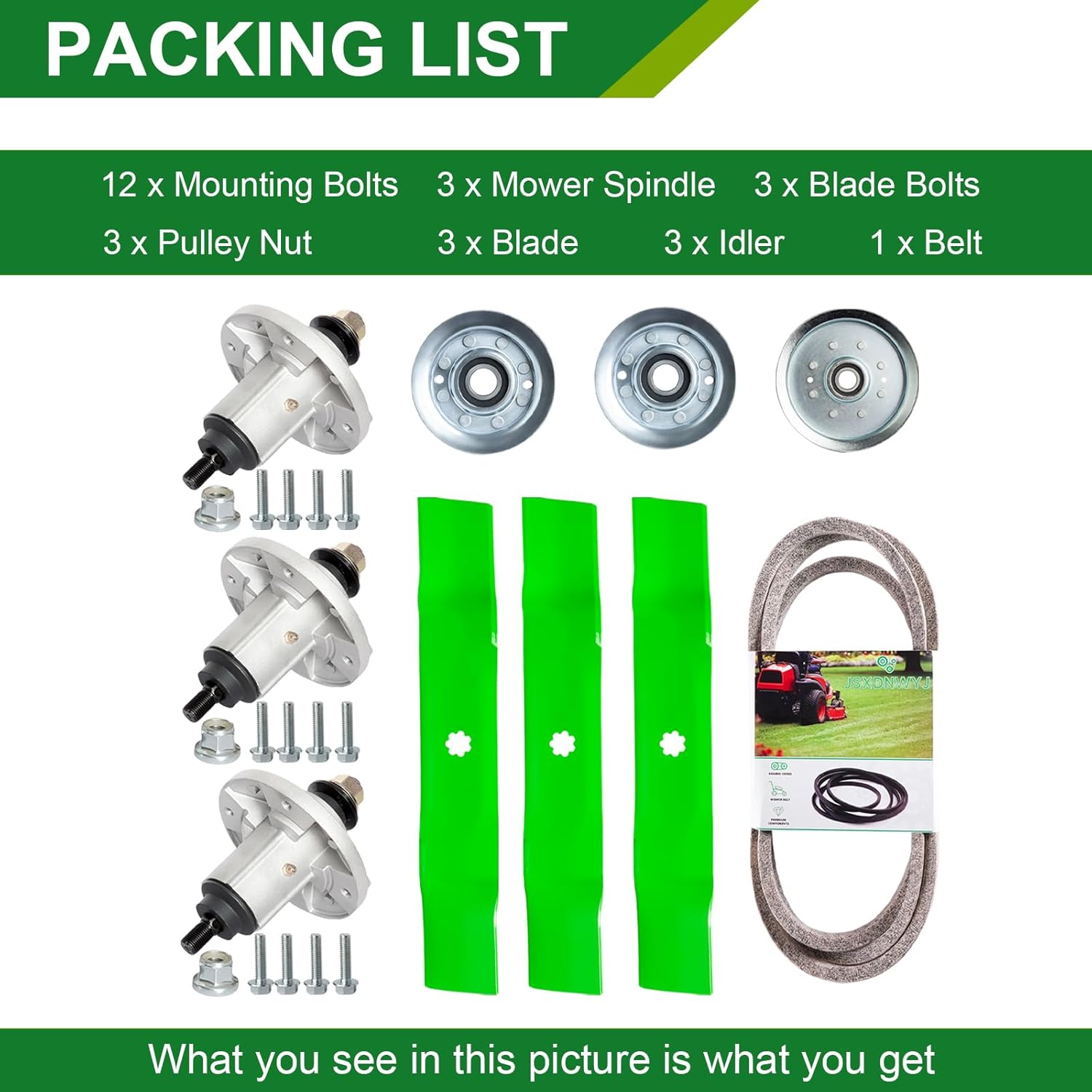 48 Inch Mower Deck Rebuild Kit - Fits John De ere 48" LA145 LA165 LA155, 3 Spindles(GY20454 GY21098)+3 Blades(GY20852)+2 Idler(GY20067)+1 Idler(GY22082)+1 Belt(GX20571)